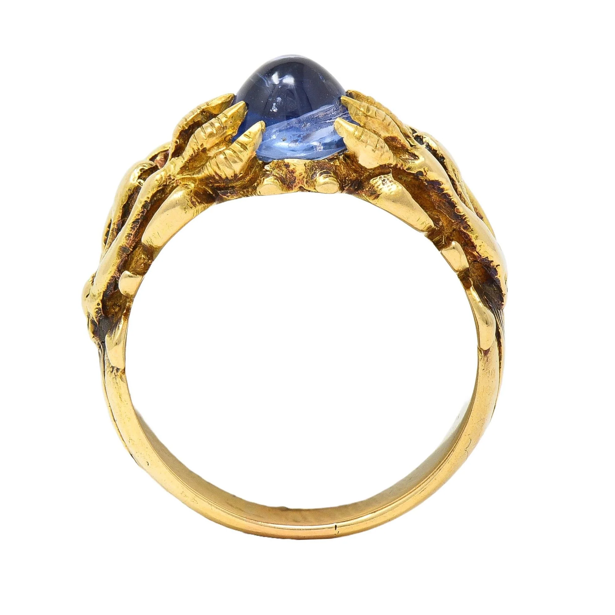 Art Nouveau 2.37 CTW Sapphire Cabochon Diamond 14 Karat Yellow Gold Antique Gargoyle Unisex Ring - Image 8
