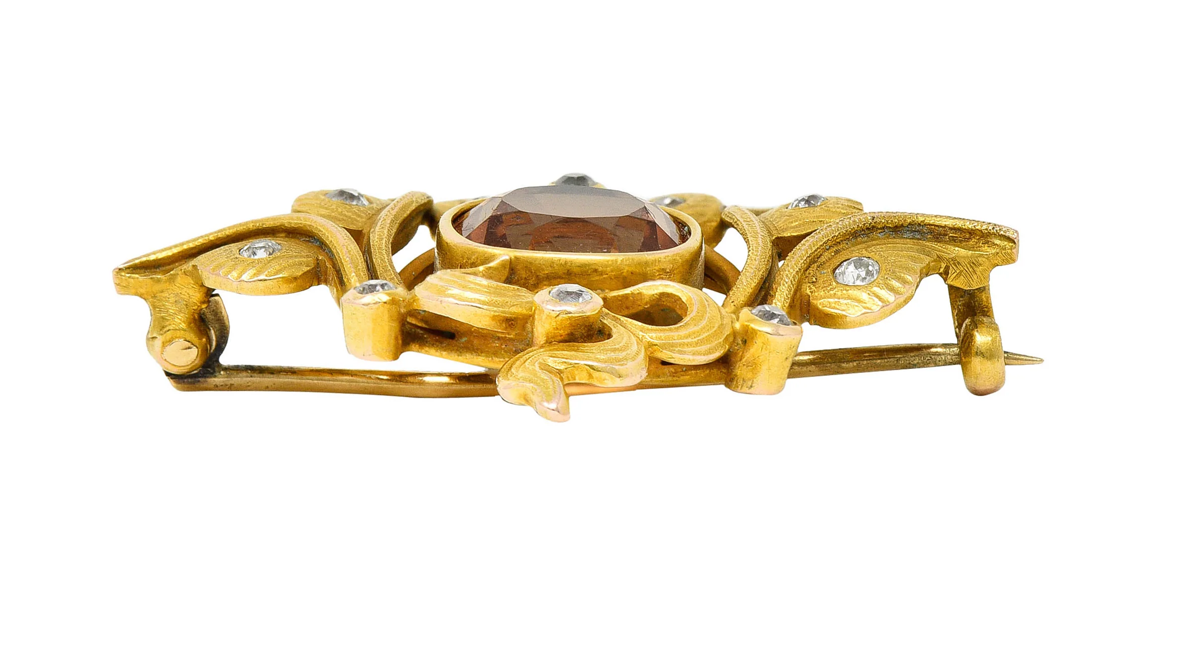 Art Nouveau 5.05 CTW Imperial Topaz Diamond 14 Karat Gold Foliate Brooch - Image 8