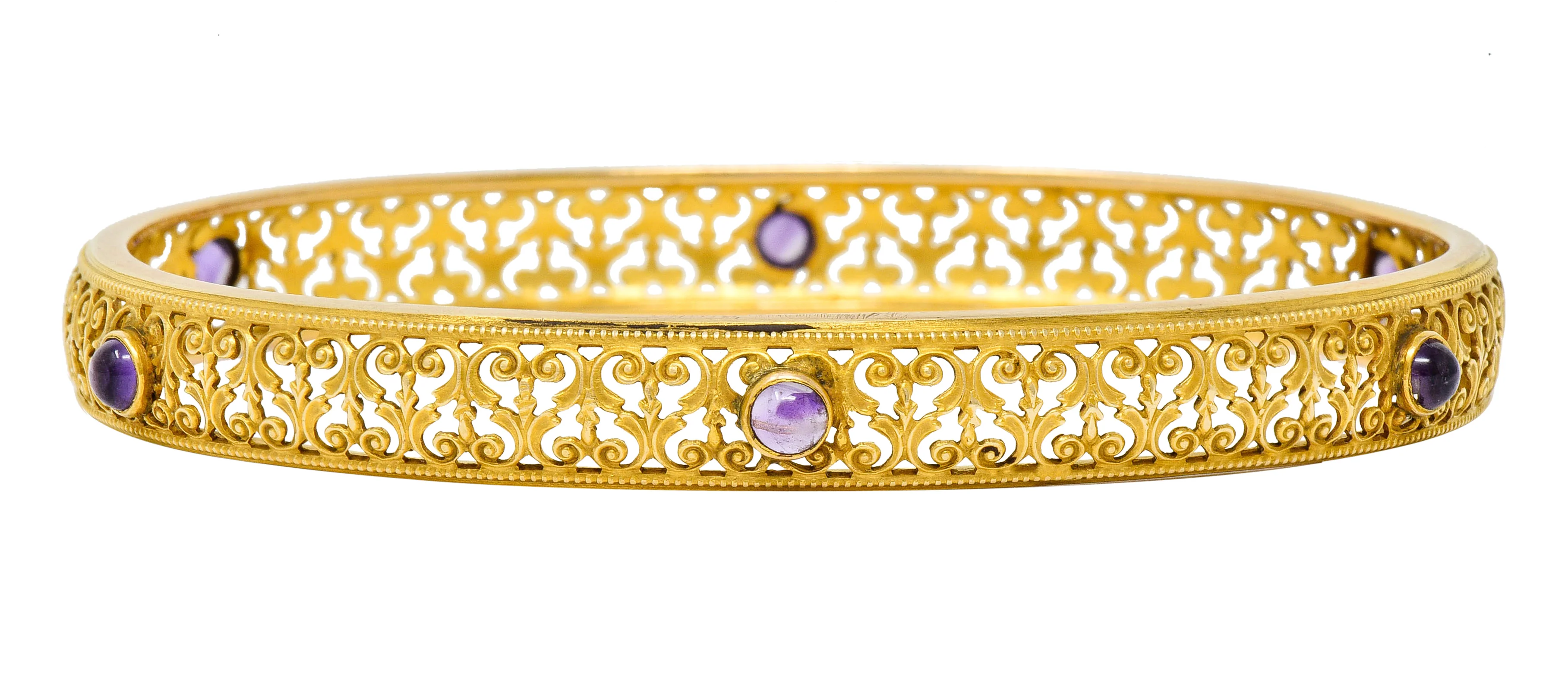 Art Nouveau Amethyst 14 Karat Gold Scrolled Filigree Bangle Bracelet - Image 5