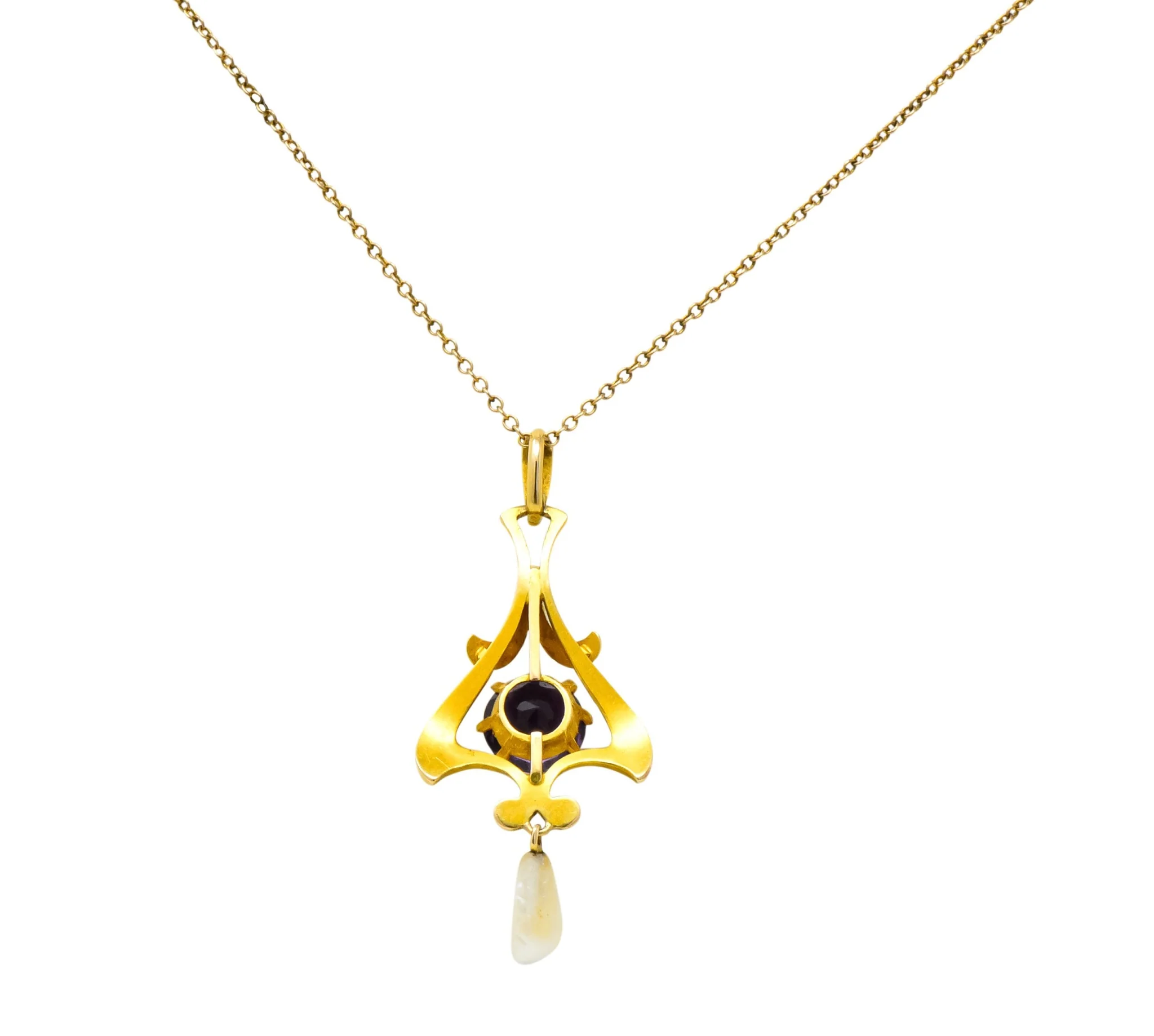 Art Nouveau Amethyst Pearl Enamel 14 Karat Gold Pendant Necklace - Image 6