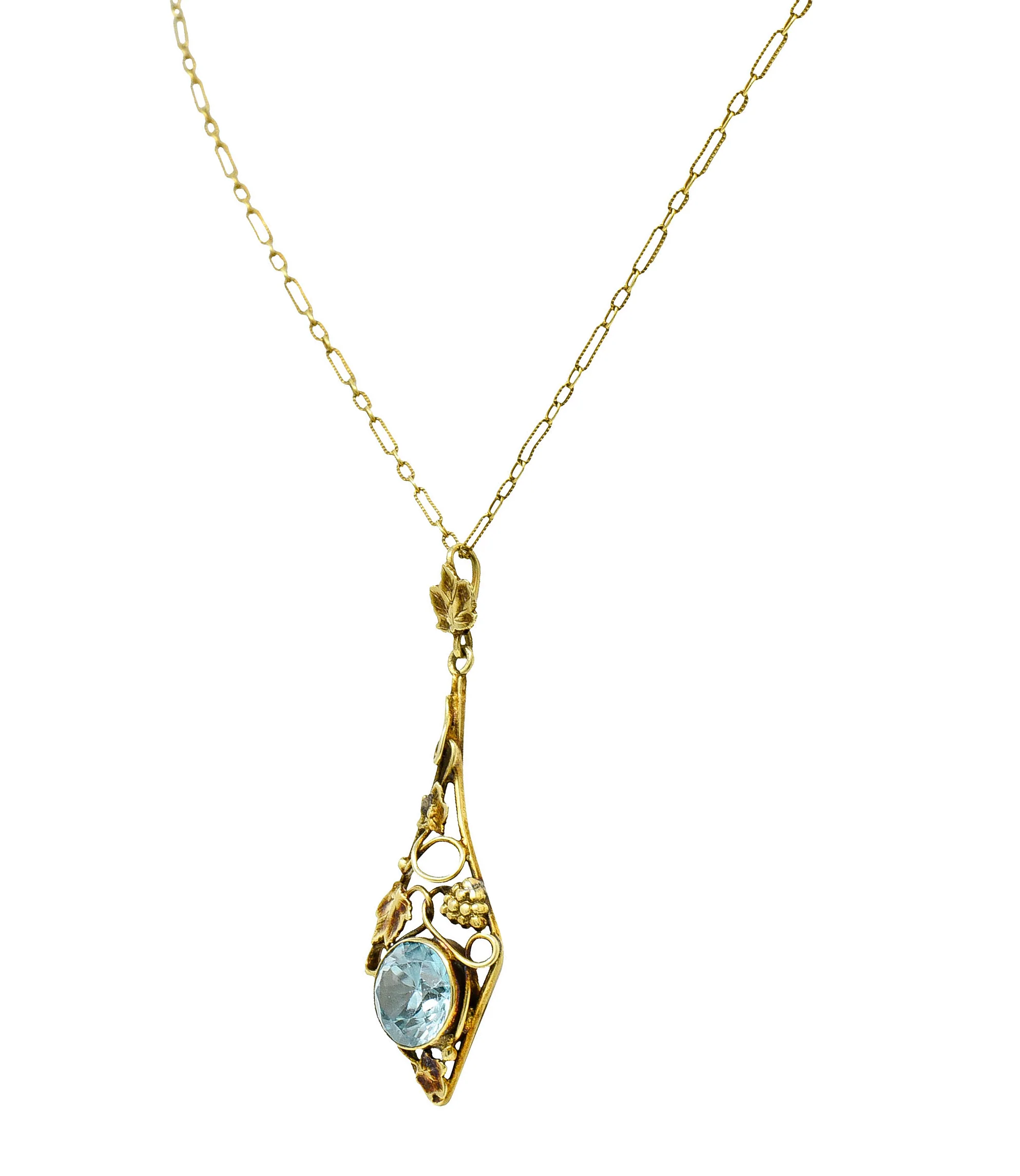 Art Nouveau Blue Zircon 14 Karat Gold Ivy Grape Pendant Necklace - Image 6