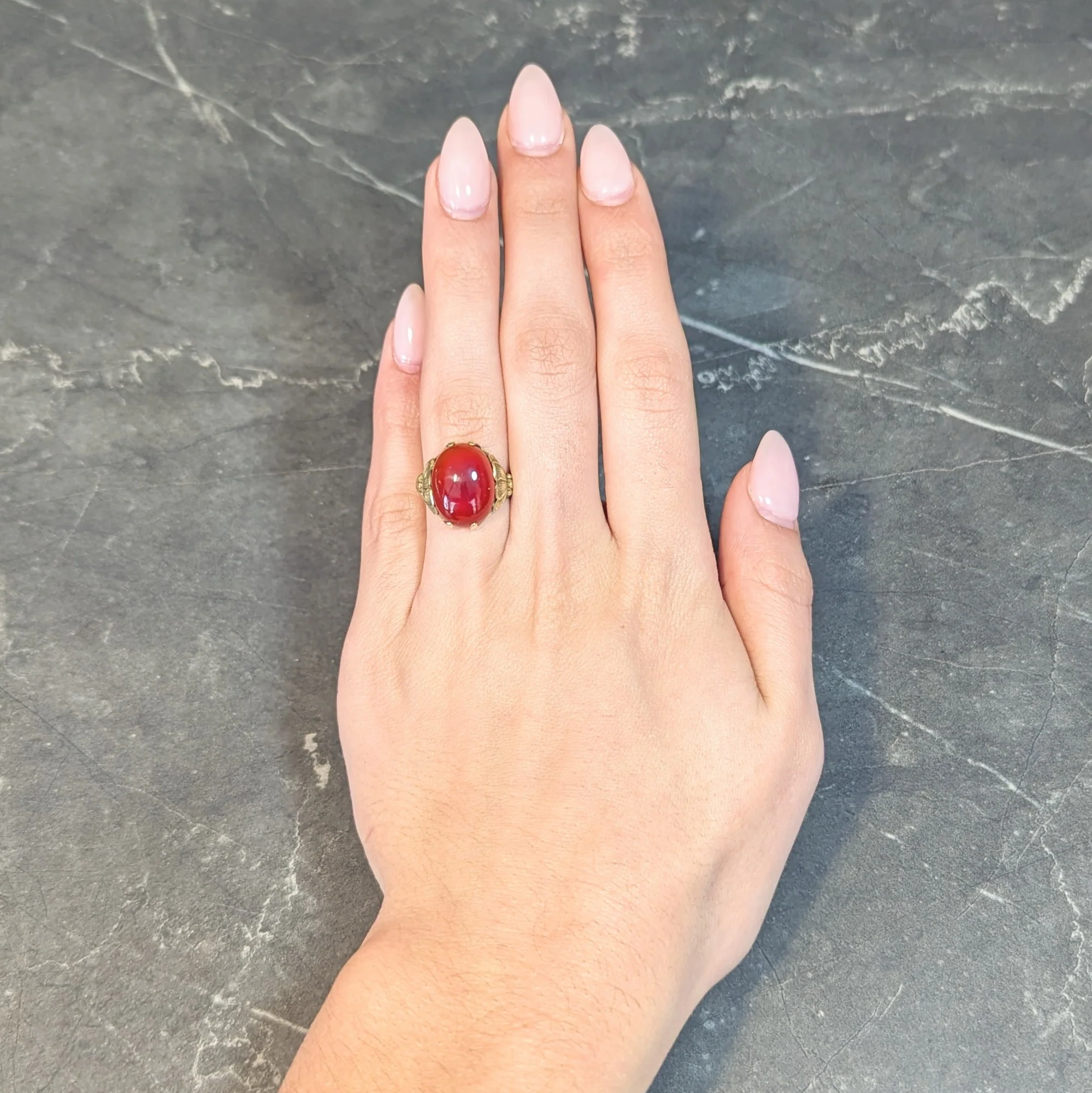 Art Nouveau Carnelian Cabochon 14 Karat Yellow Gold Antique Poppy Ring - Image 13