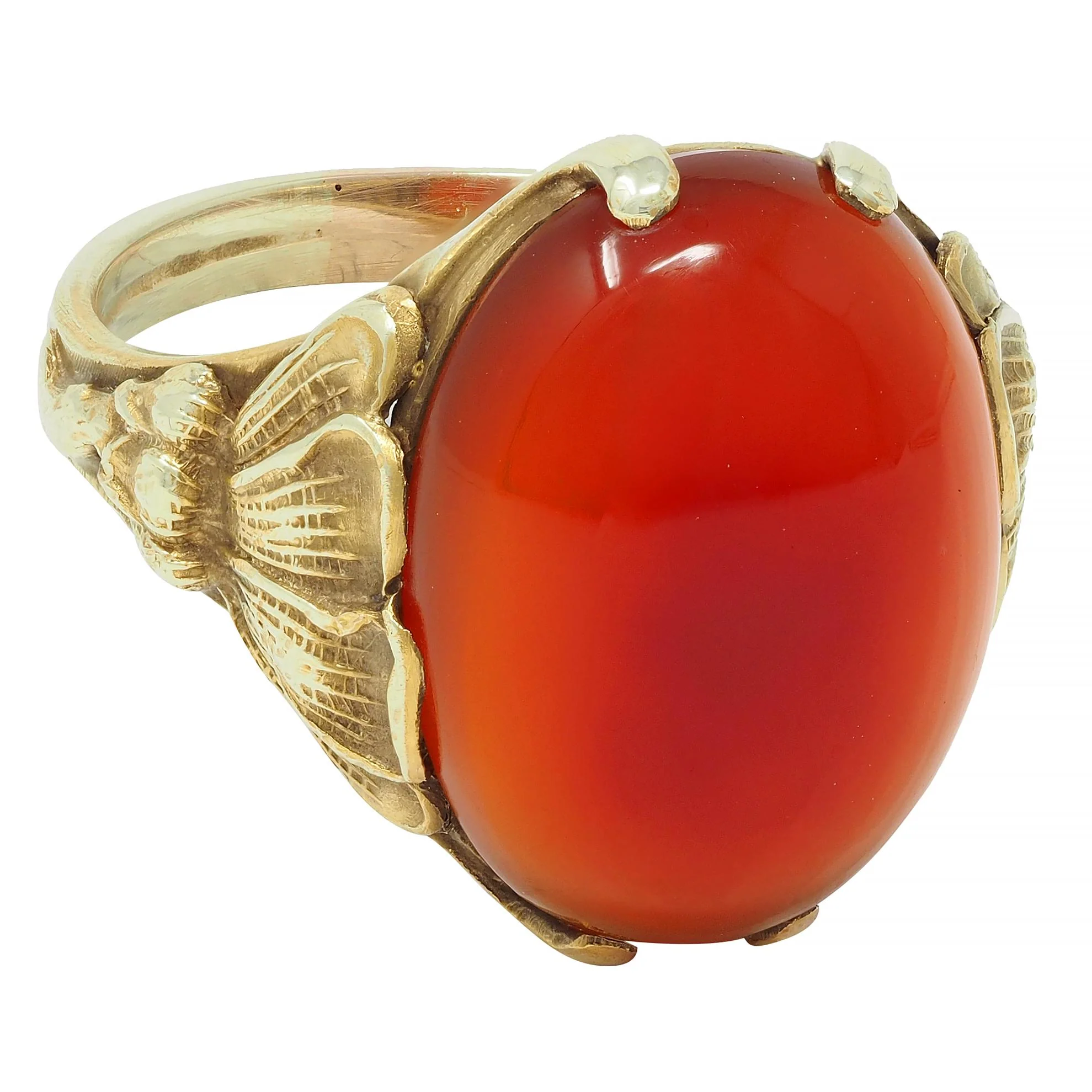 Art Nouveau Carnelian Cabochon 14 Karat Yellow Gold Antique Poppy Ring - Image 2