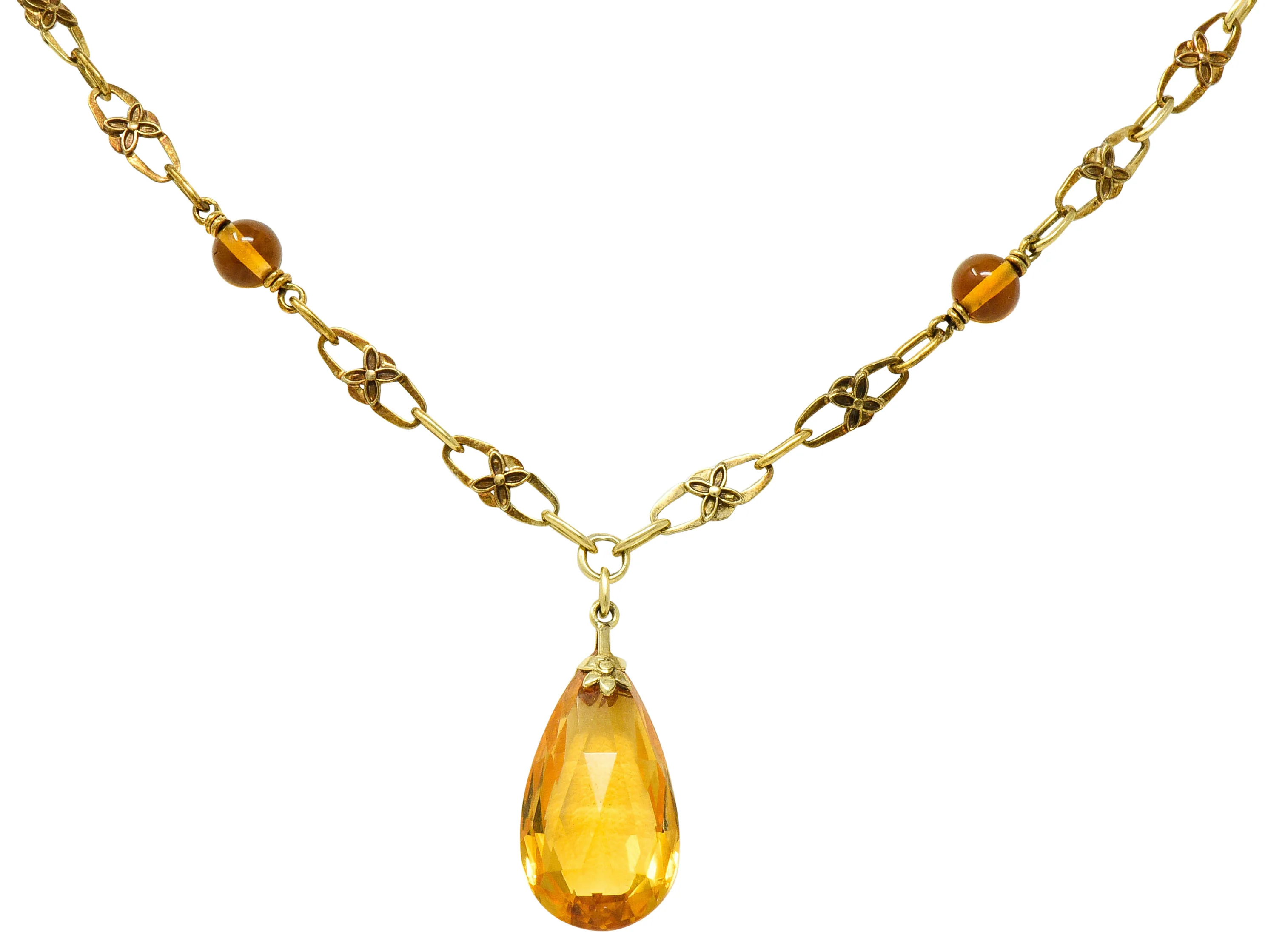 Art Nouveau Citrine 14 Karat Gold Floral Drop Necklace - Image 4