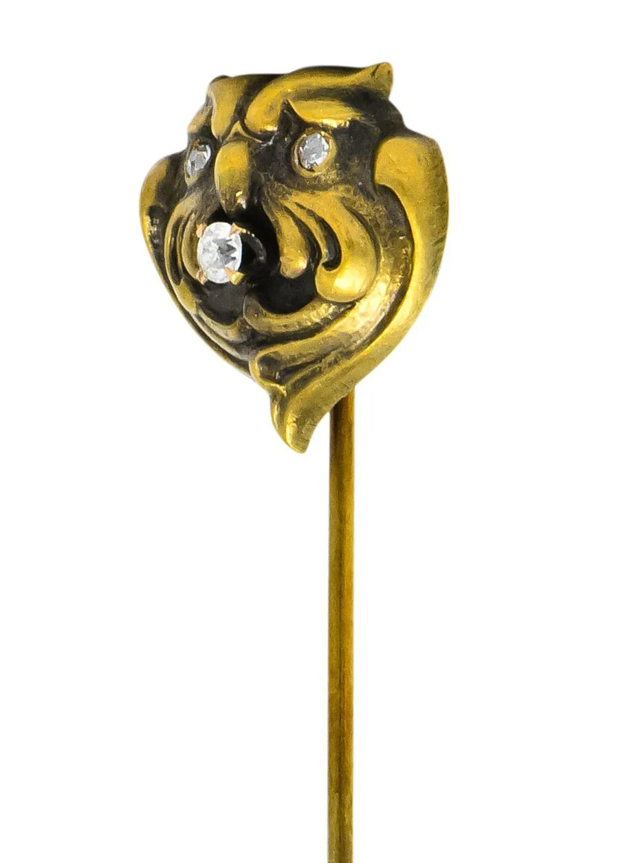 Art Nouveau Diamond 10 Karat Gold Stylized Owl Stickpin - Image 3