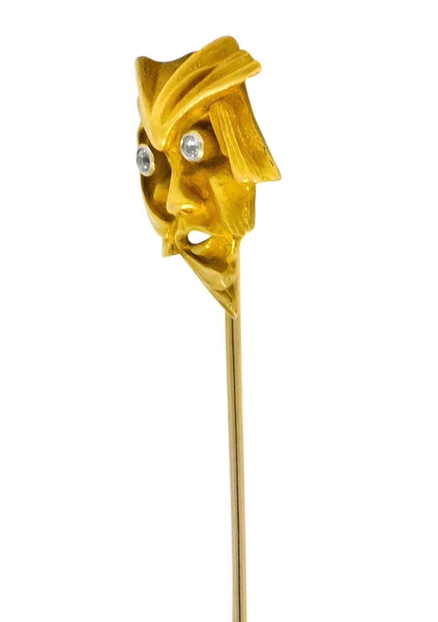 Art Nouveau Diamond 14 Karat Gold Green Man Stickpin - Image 3