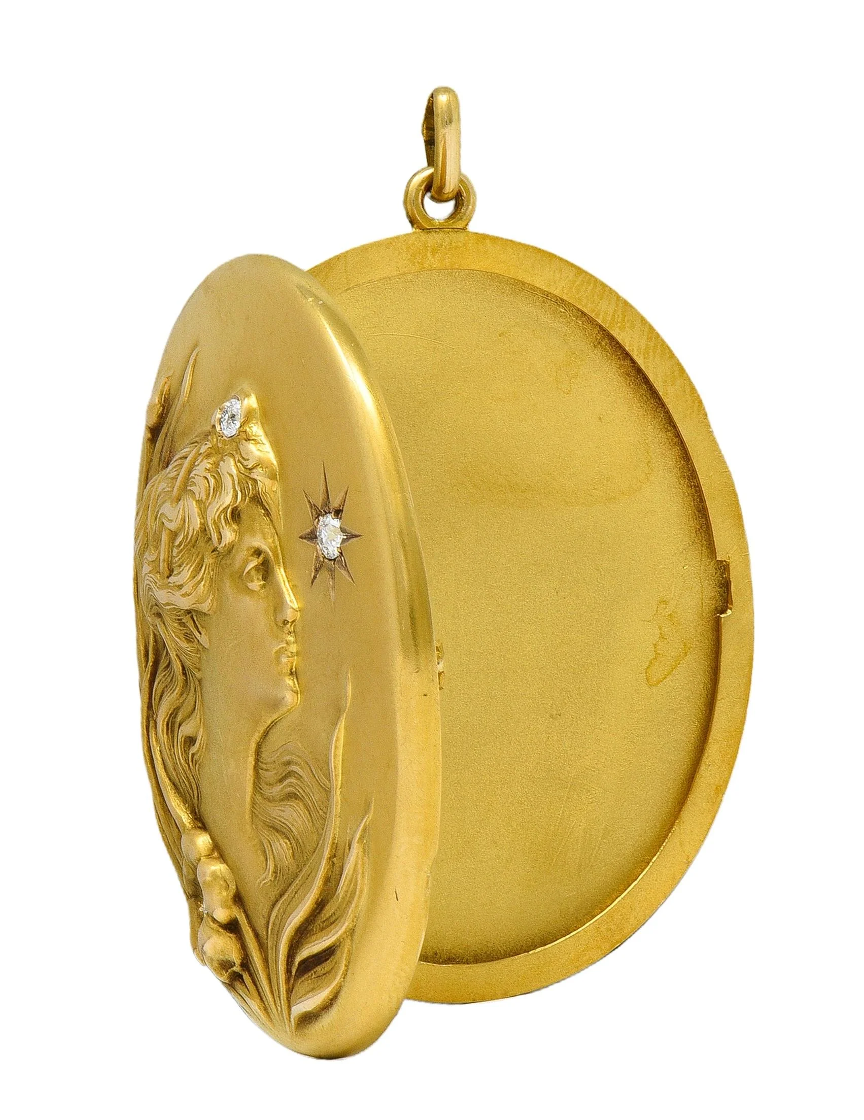 Substantial Art Nouveau Diamond 14 Karat Yellow Gold Antique Lady Locket Pendant - Image 7