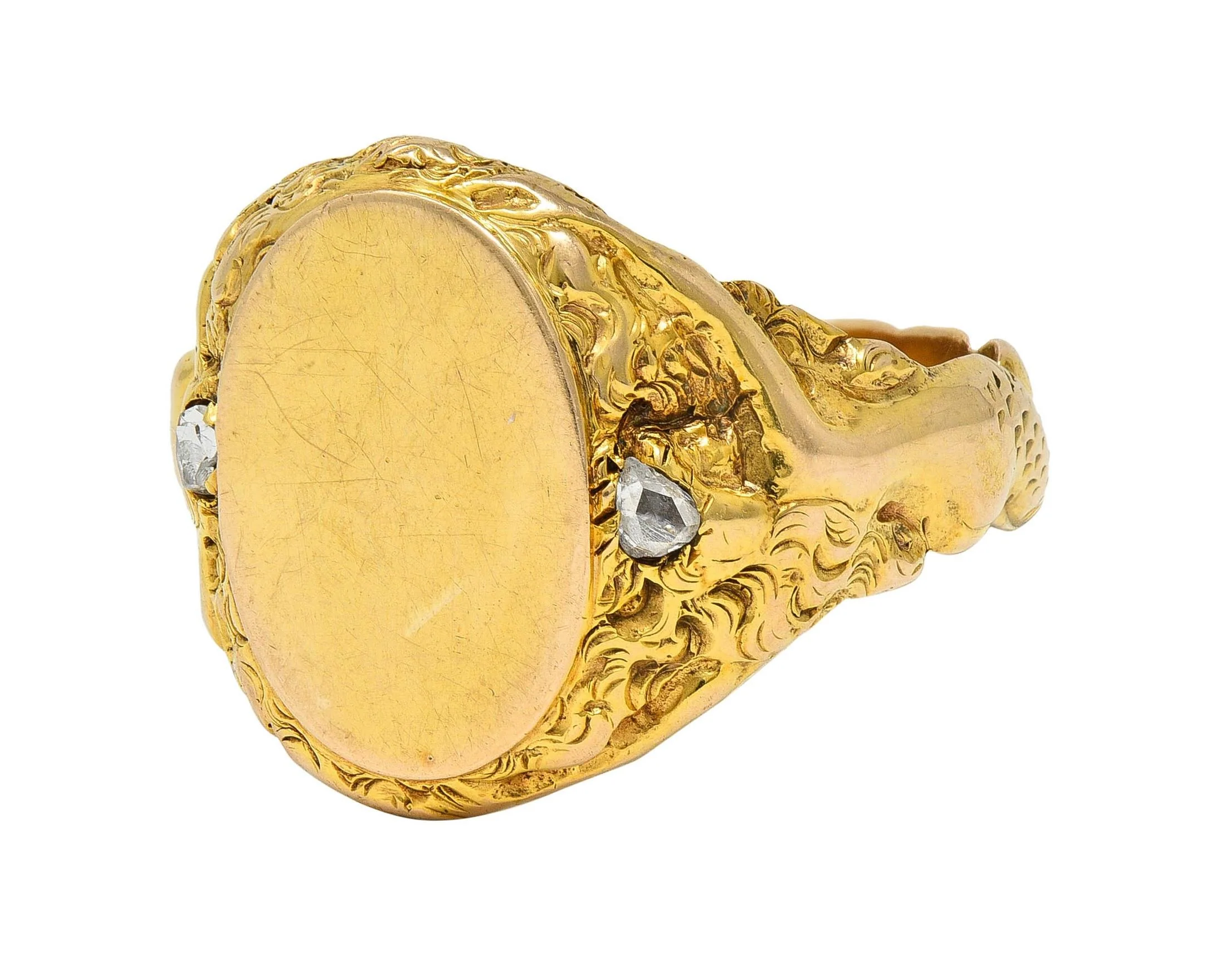 Art Nouveau Diamond 14 Karat Yellow Gold Antique Mermaid Signet Ring - Image 7