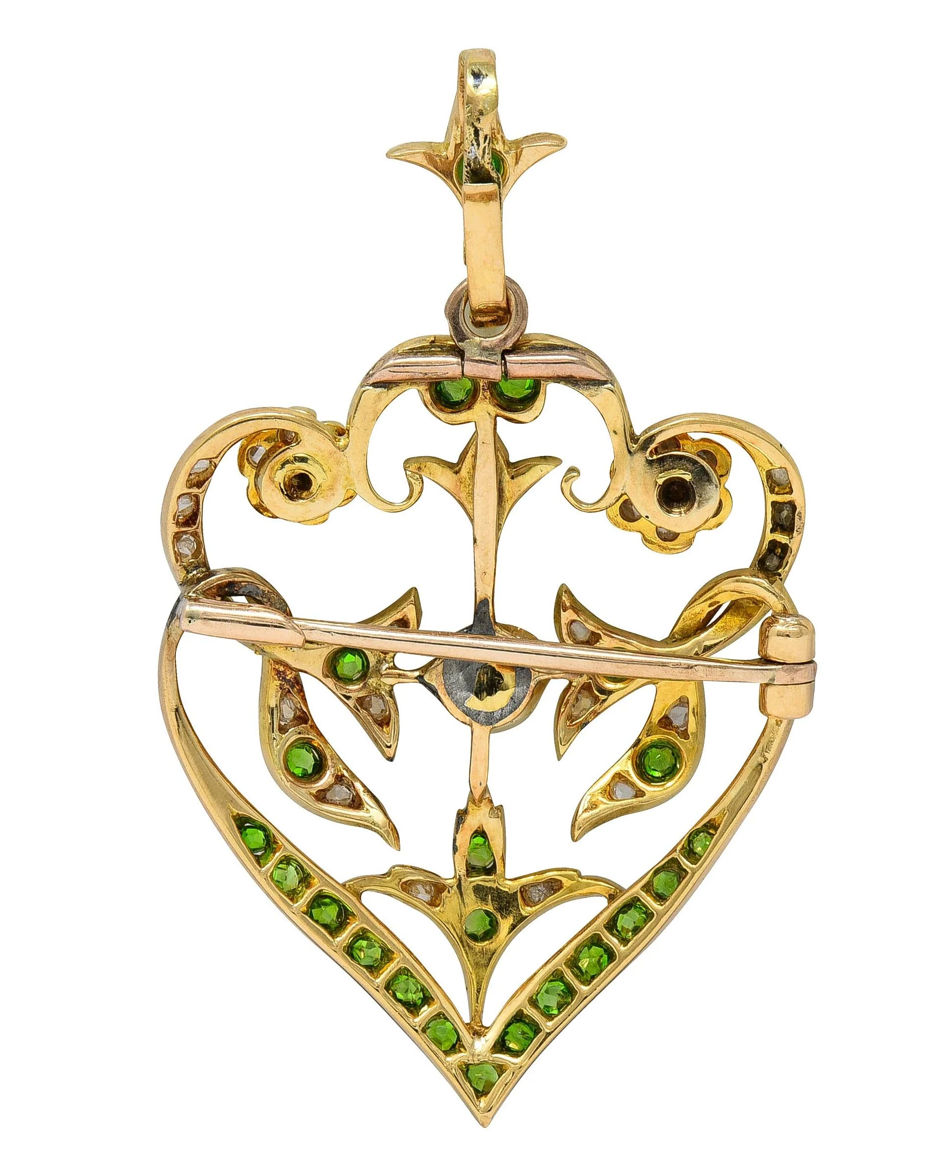 Art Nouveau Diamond Demantoid Garnet Pearl 14 Karat Yellow Gold Antique Foliate Lavalier Pendant Brooch - Image 5