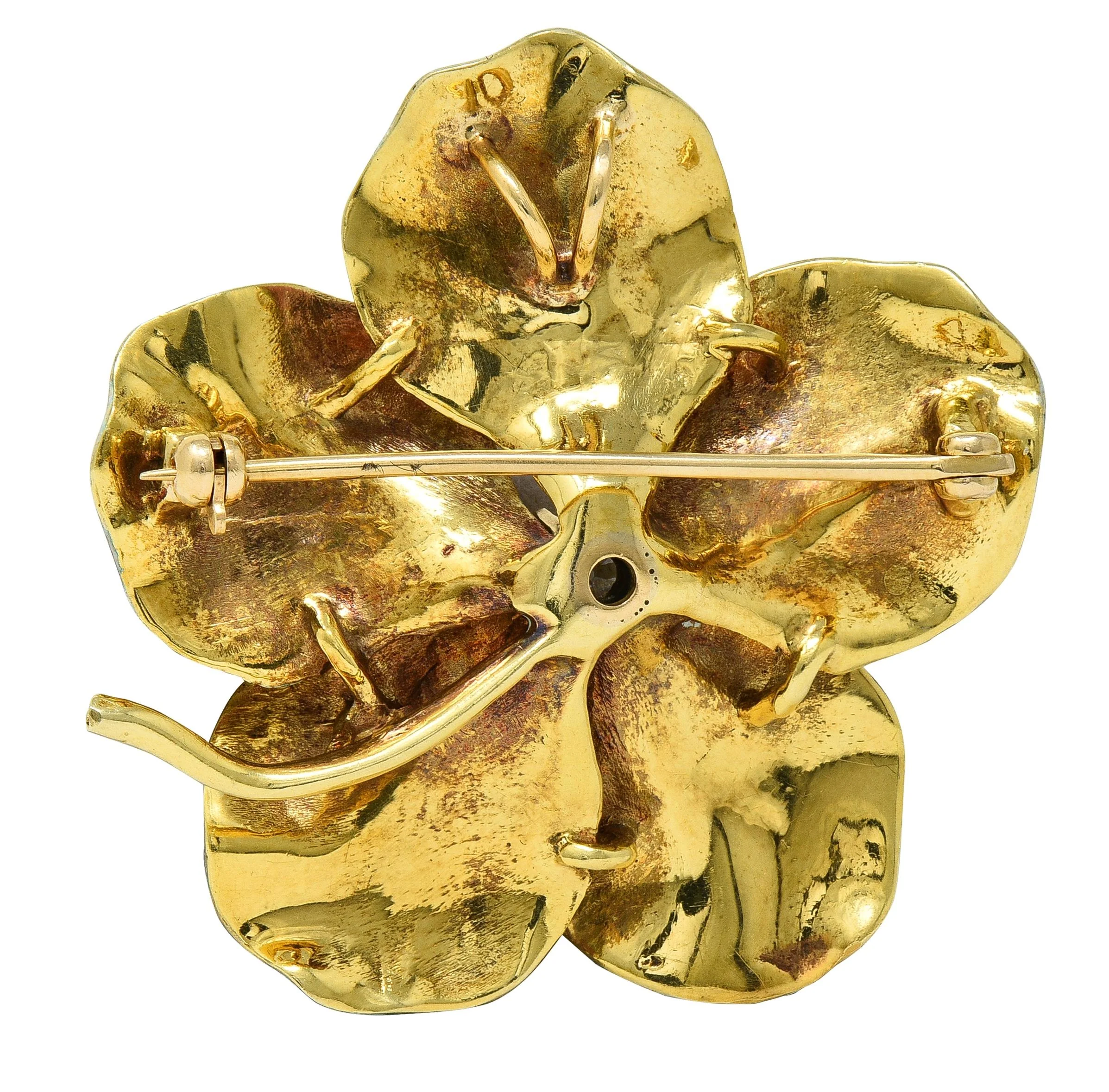 Art Nouveau Diamond Enamel 14 Karat Yellow Gold Antique Flower Pendant Brooch - Image 4
