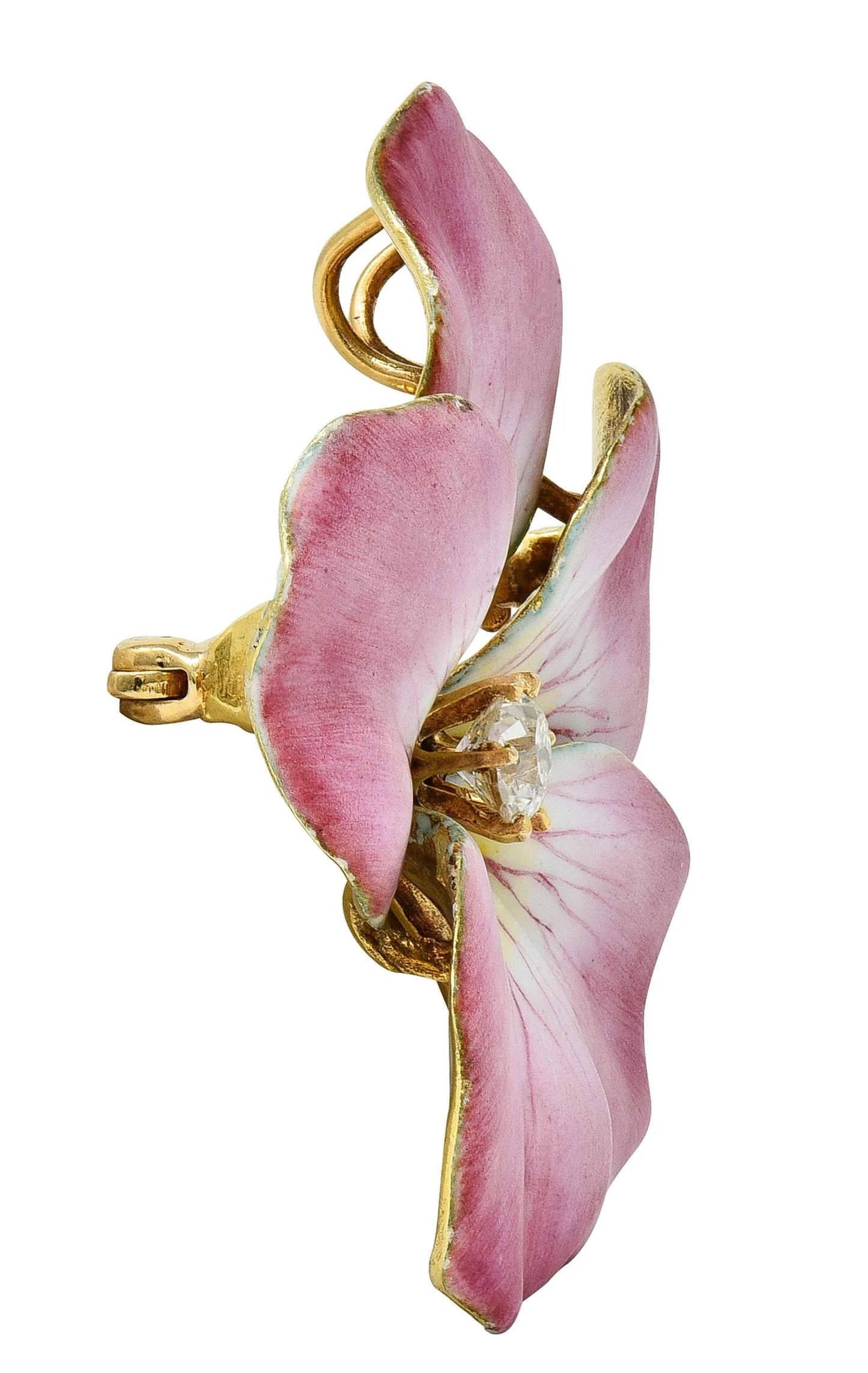 Art Nouveau Diamond Enamel 14 Karat Yellow Gold Antique Flower Pendant Brooch - Image 5