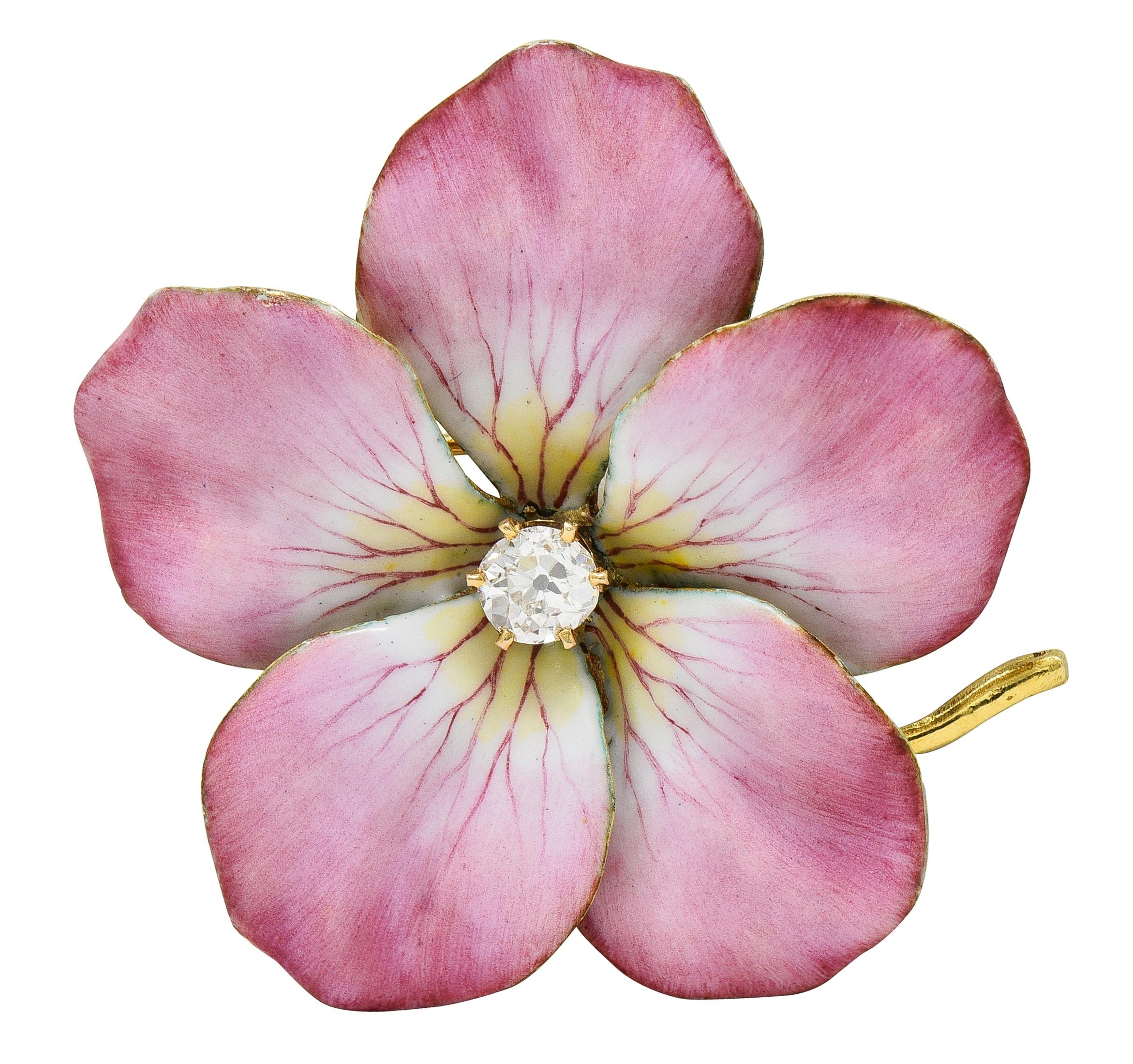 Art Nouveau Diamond Enamel 14 Karat Yellow Gold Antique Flower Pendant Brooch - Image 9
