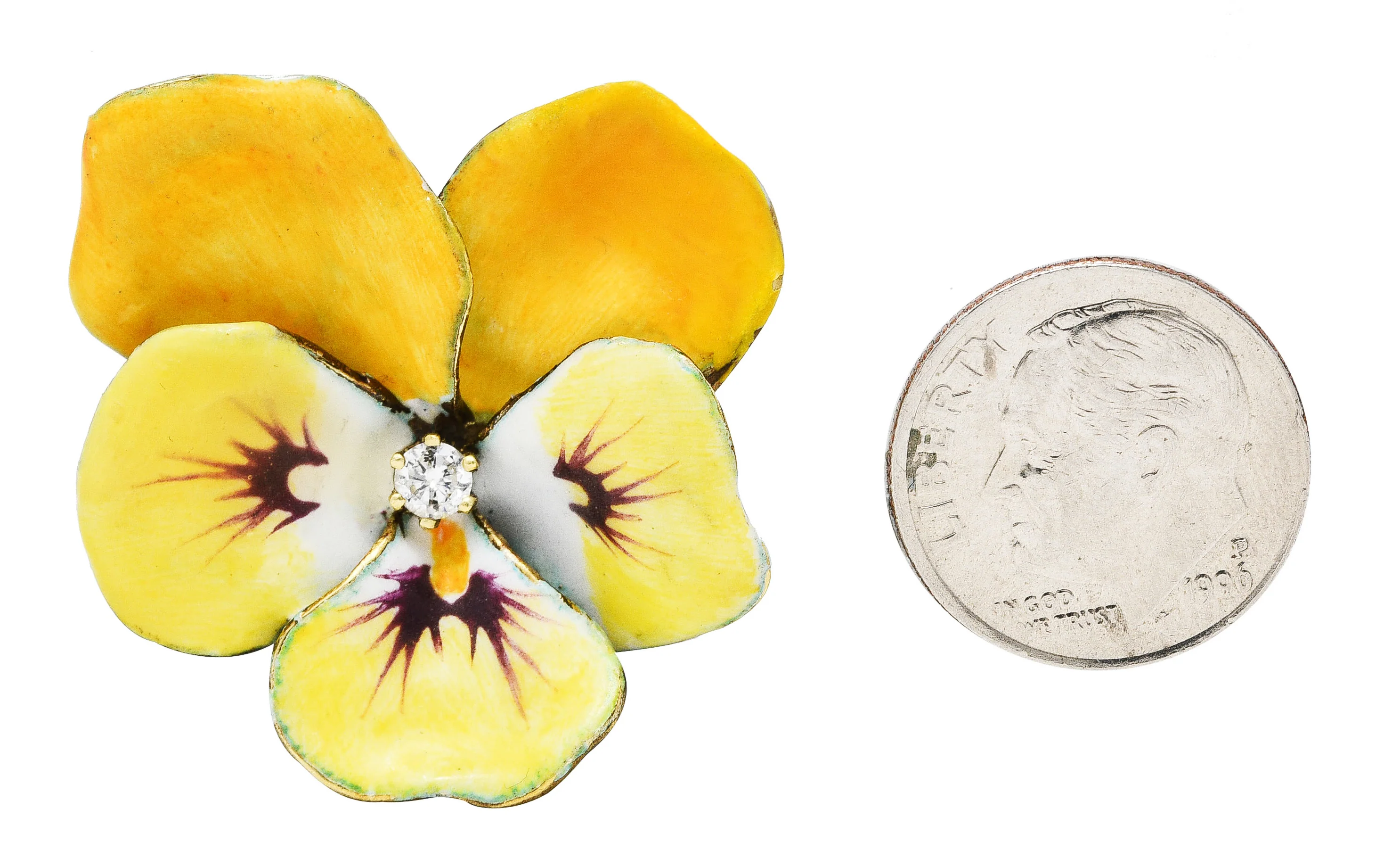 Art Nouveau Diamond Enamel 14 Karat Yellow Gold Pansy Antique Brooch - Image 7