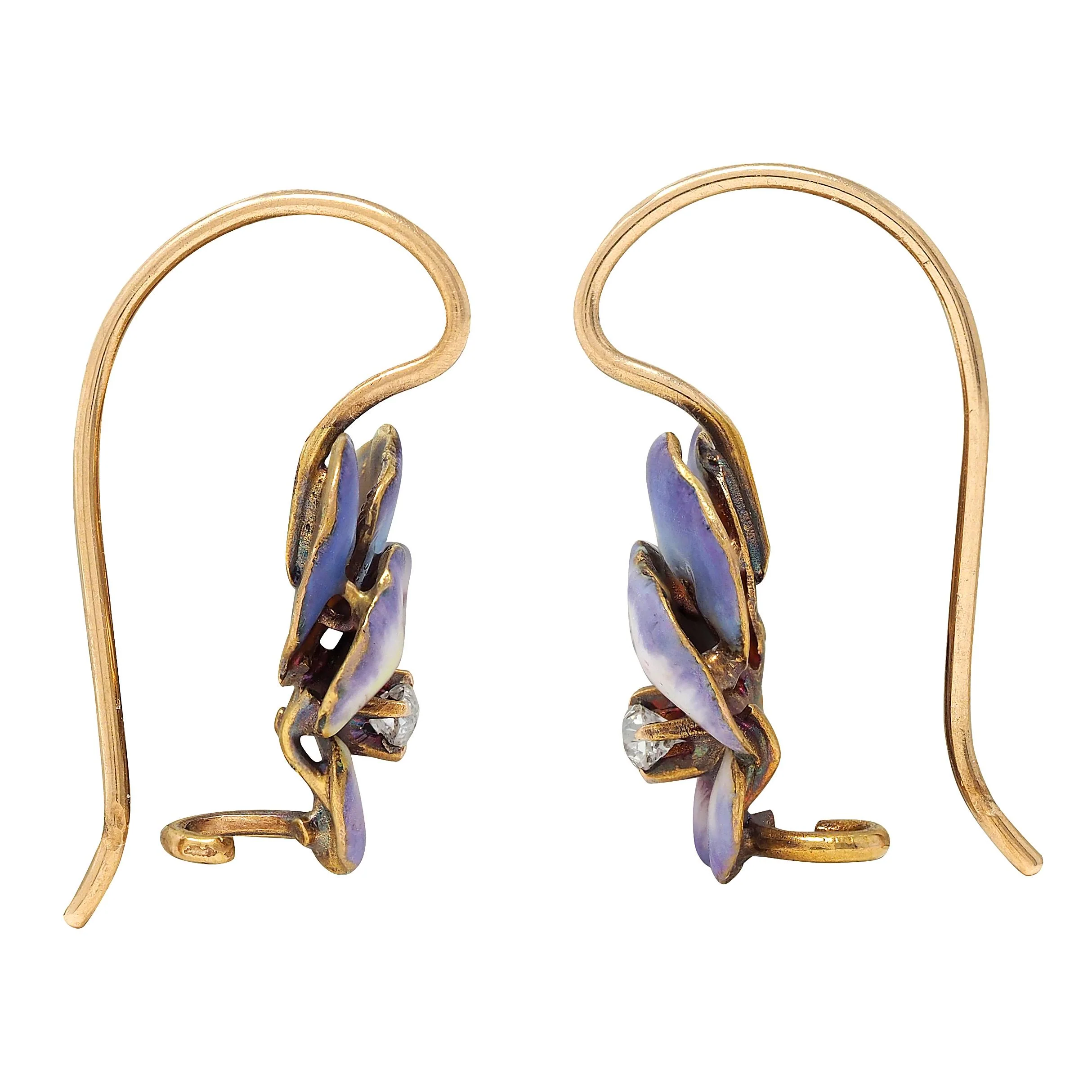 Art Nouveau Diamond Enamel 18 Karat Yellow Gold Antique Pansy Earrings - Image 5