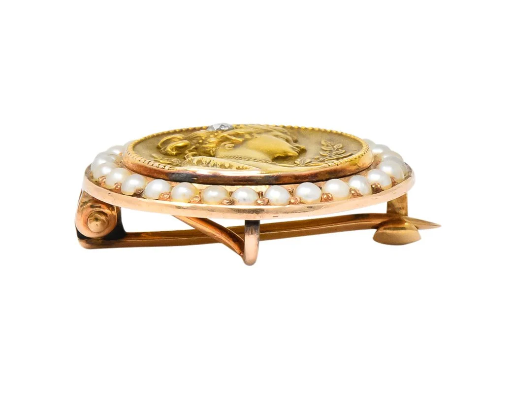 Art Nouveau Diamond Seed Pearl 14 Karat Gold Brooch Pendant - Image 6