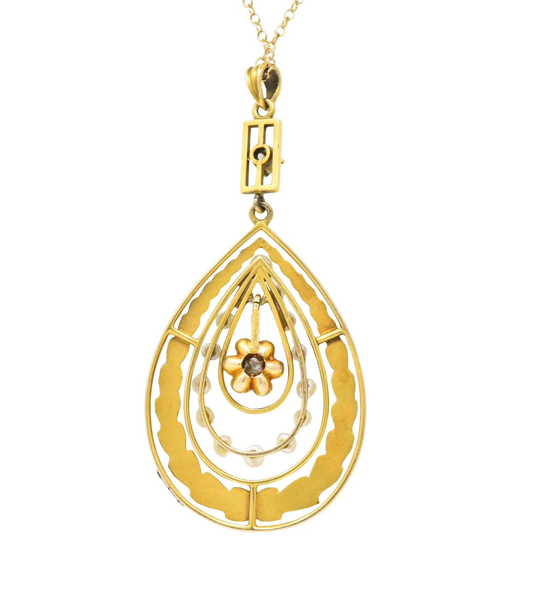 Art Nouveau Diamond Seed Pearl 14 Karat Gold Drop Pendant Necklace - Image 4