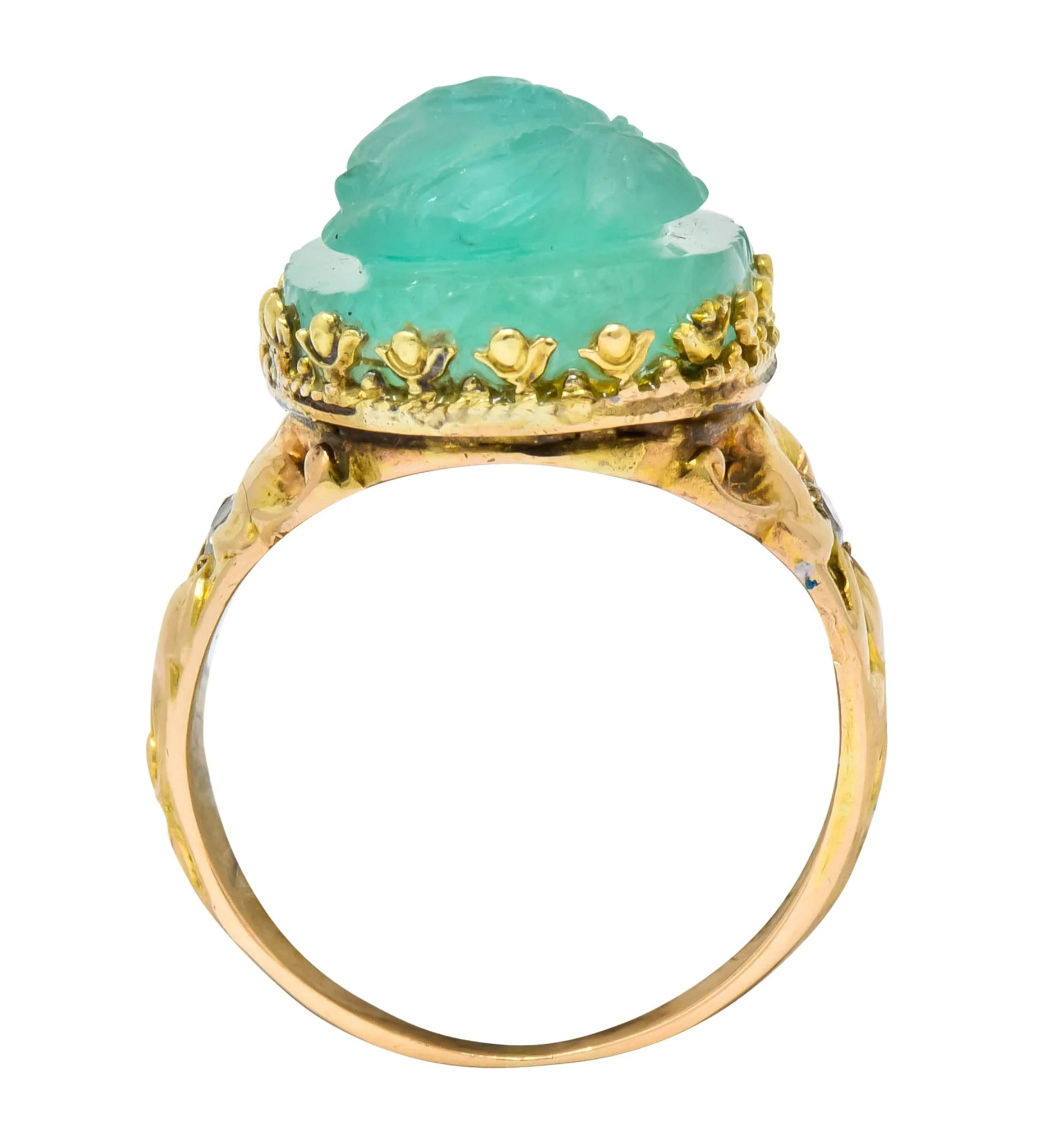 Art Nouveau Emerald Diamond 14 Karat Gold Cameo Ring - Image 8