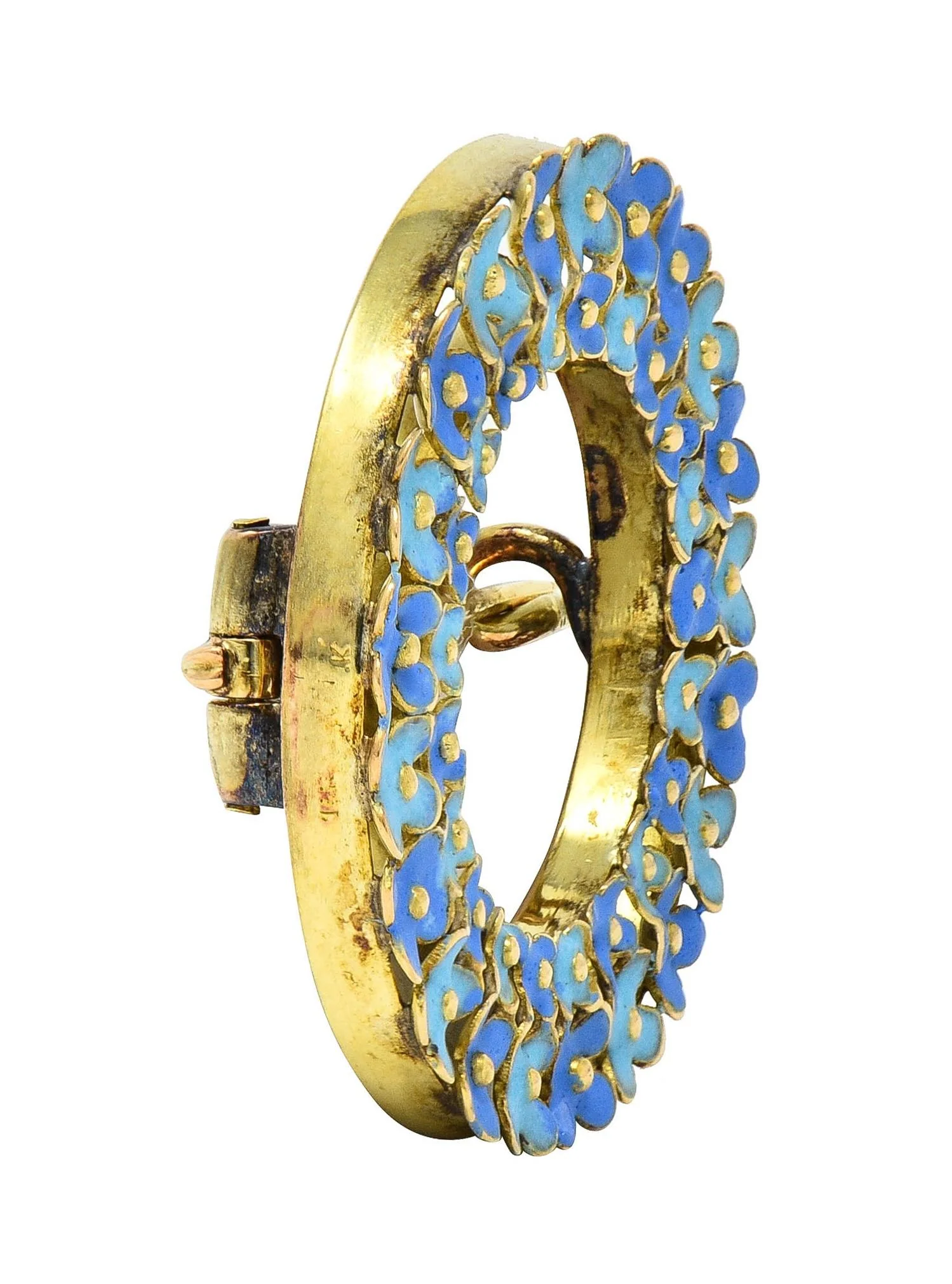 Art Nouveau Enamel 14 Karat Gold Forget-Me-Not Antique Wreath Flower Circle Brooch - Image 3