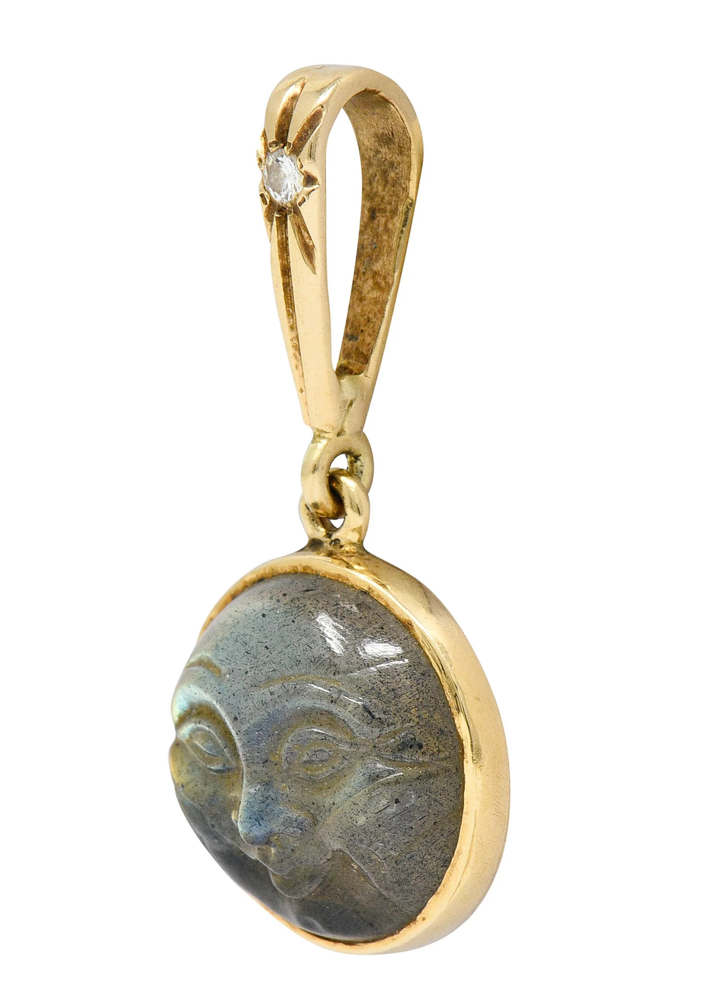 Art Nouveau Labradorite Diamond 14 Karat Gold Man-In-Moon Charm - Image 4
