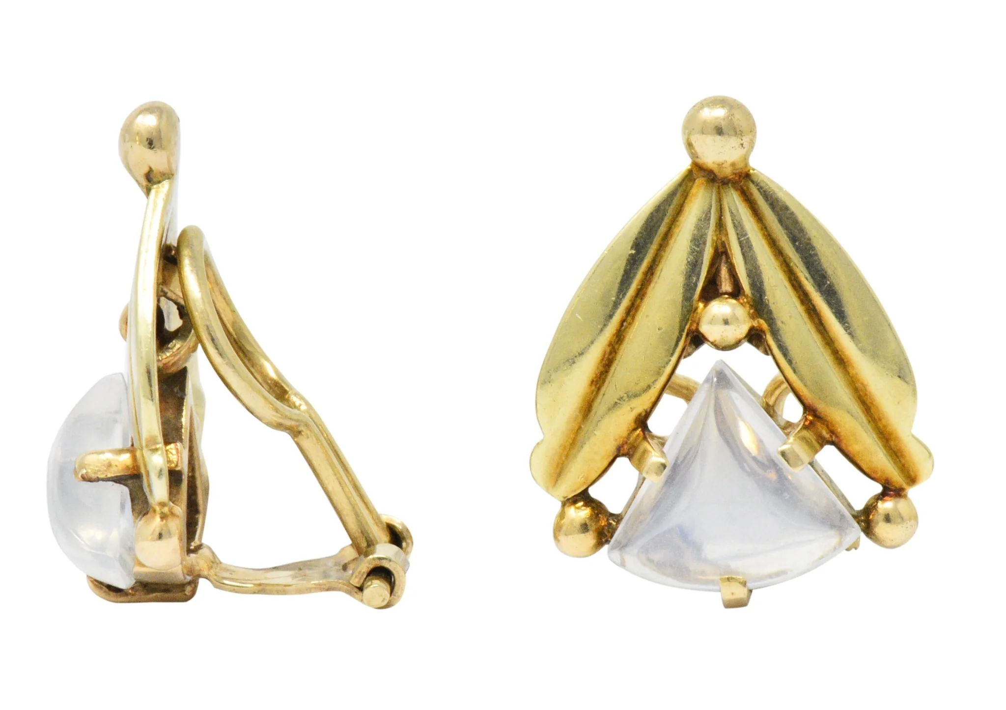 Art Nouveau Moonstone 14 Karat Gold Foliate Ear-Clip Earrings - Image 3