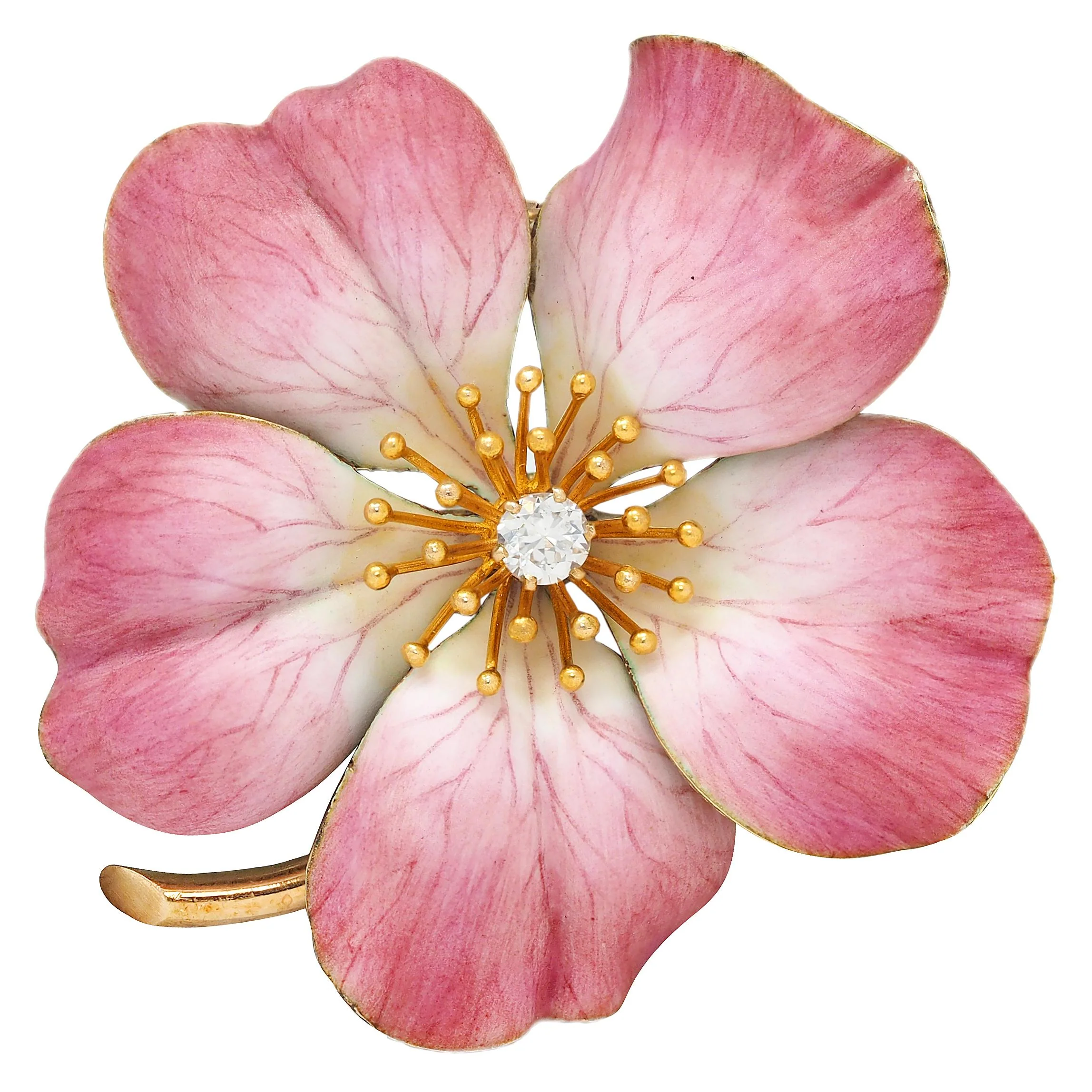 Art Nouveau Painted Enamel Diamond 14 Karat Yellow Gold Antique Flower Pendant Brooch