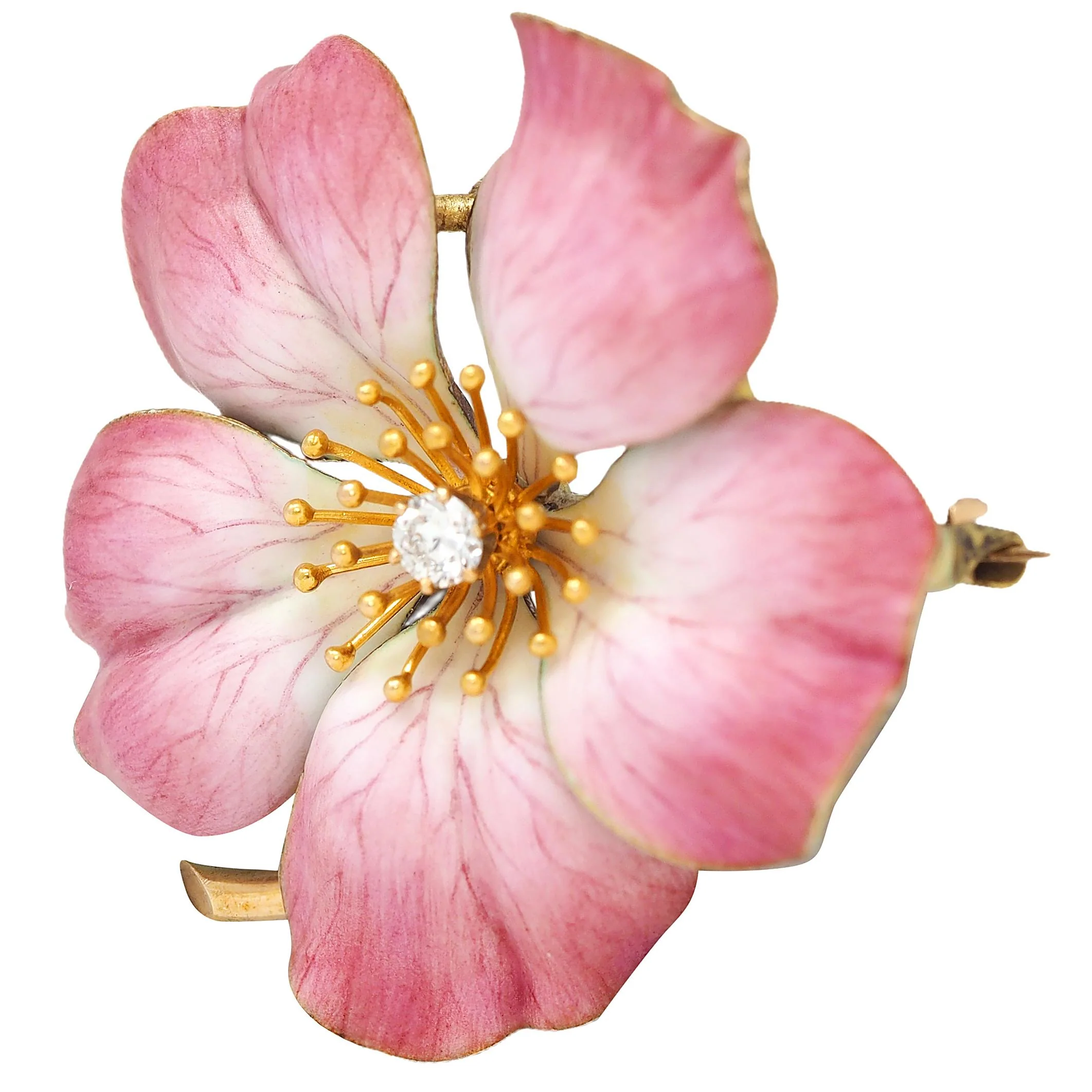 Art Nouveau Painted Enamel Diamond 14 Karat Yellow Gold Antique Flower Pendant Brooch - Image 6