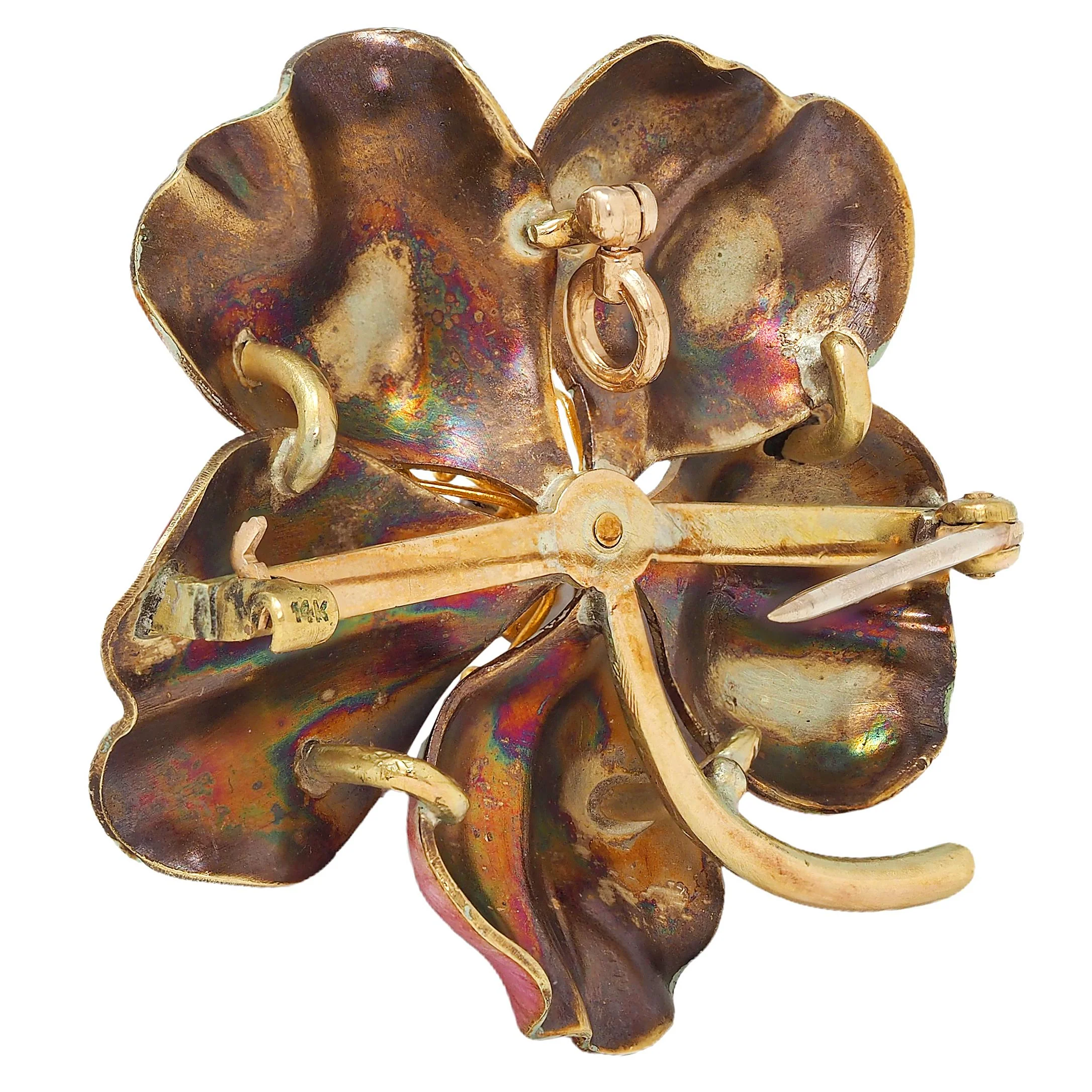 Art Nouveau Painted Enamel Diamond 14 Karat Yellow Gold Antique Flower Pendant Brooch - Image 8