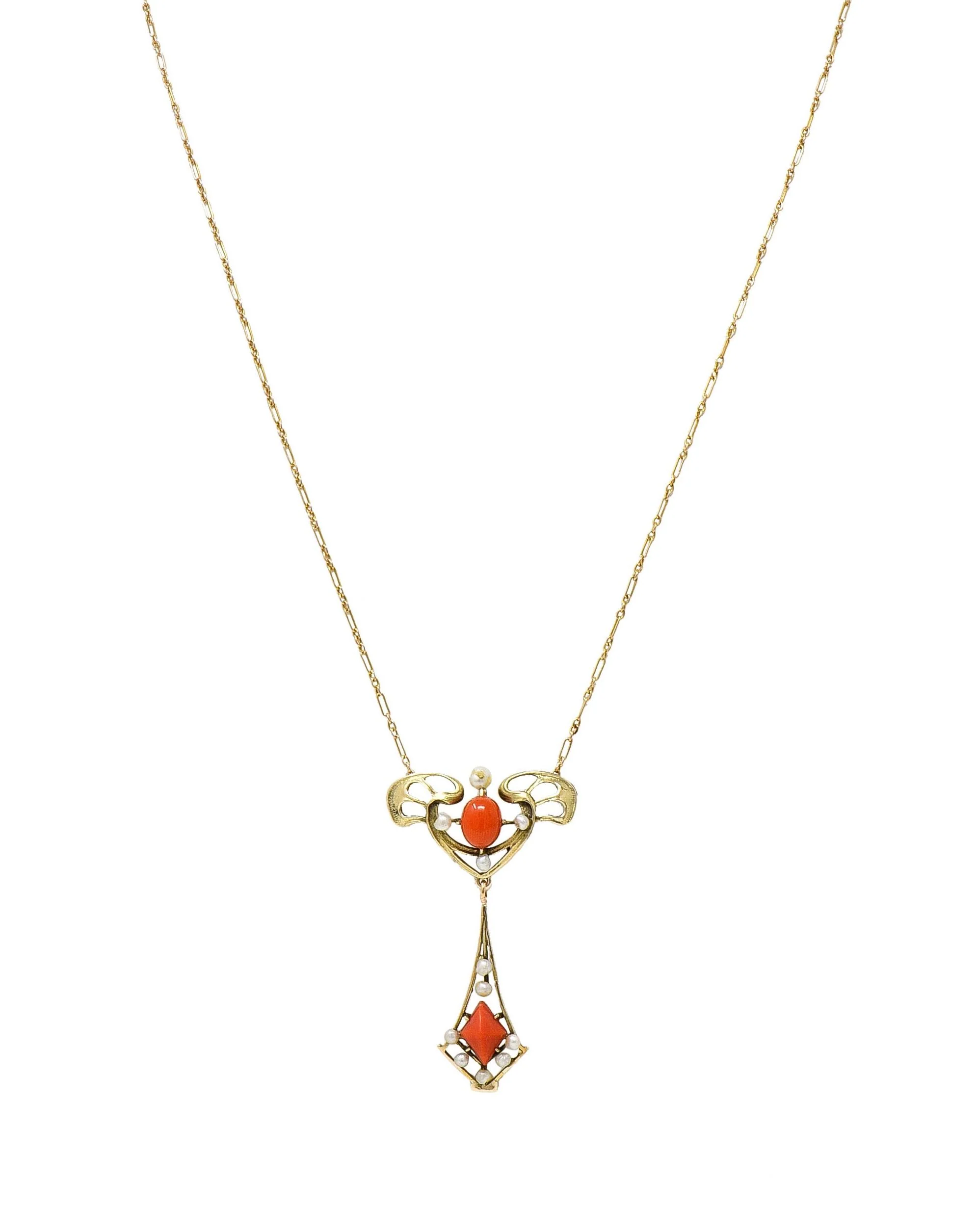 Art Nouveau Pearl Coral 14 Karat Yellow Gold Whiplash Antique Station Drop Necklace - Image 11