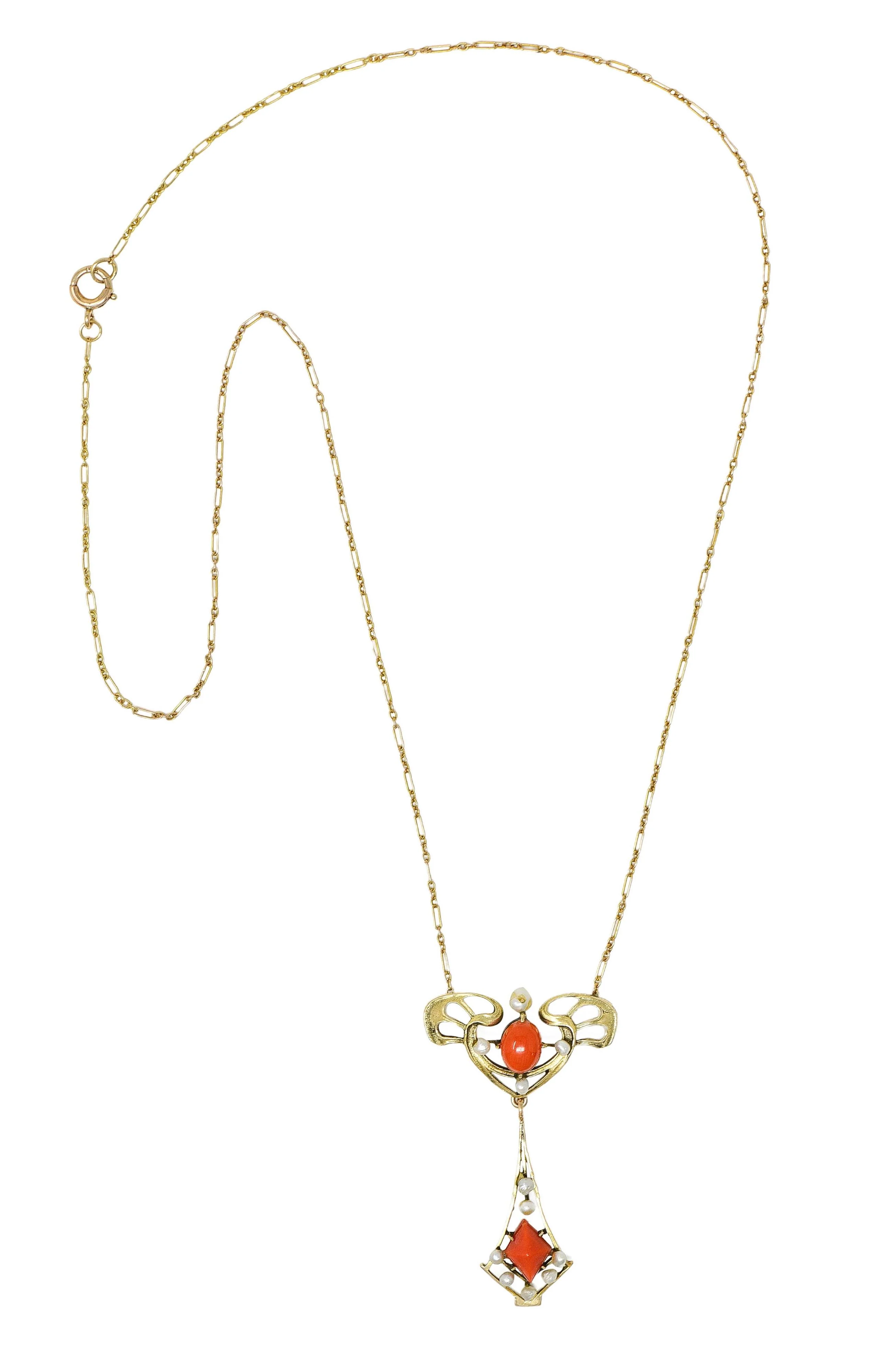 Art Nouveau Pearl Coral 14 Karat Yellow Gold Whiplash Antique Station Drop Necklace - Image 3