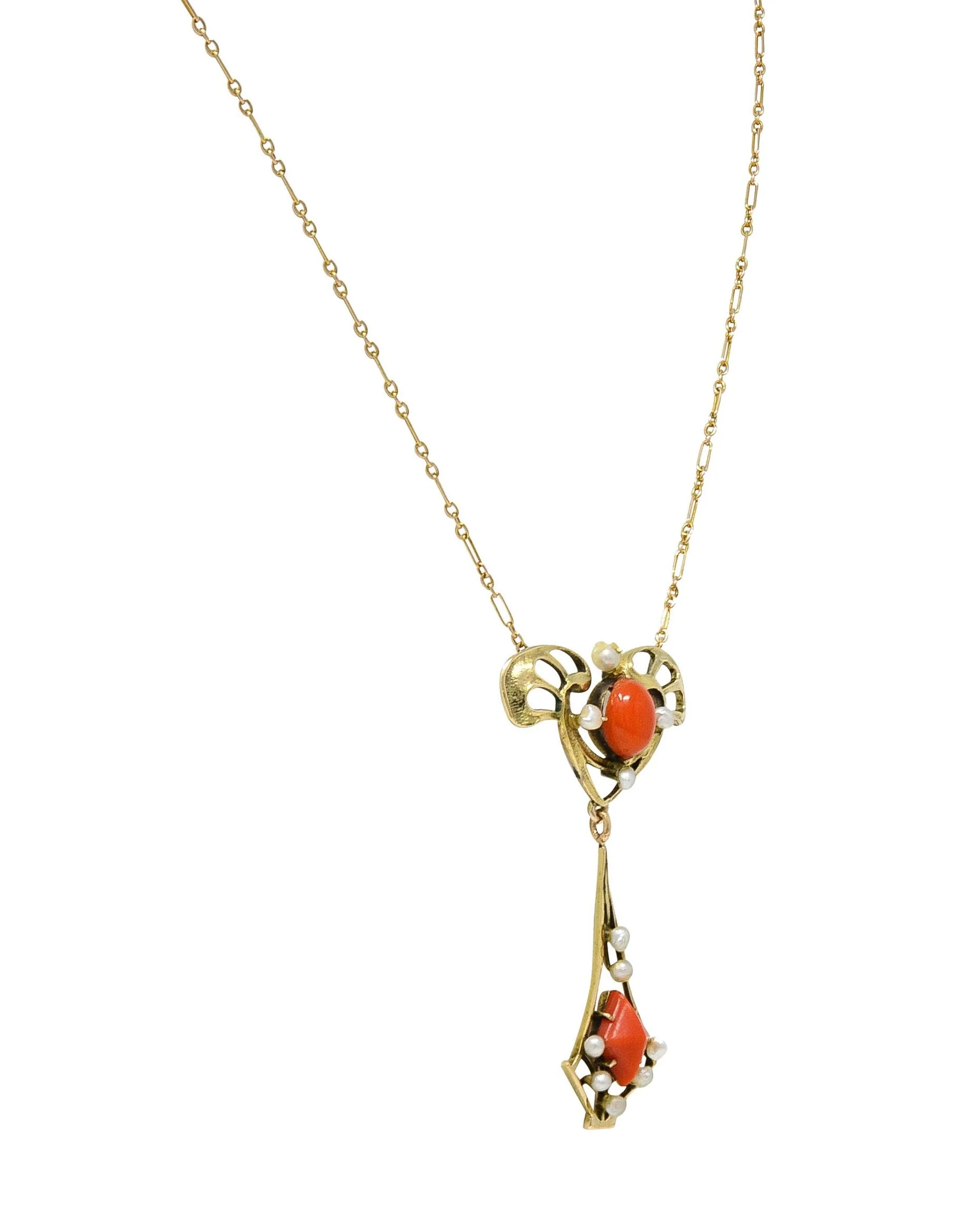 Art Nouveau Pearl Coral 14 Karat Yellow Gold Whiplash Antique Station Drop Necklace - Image 6