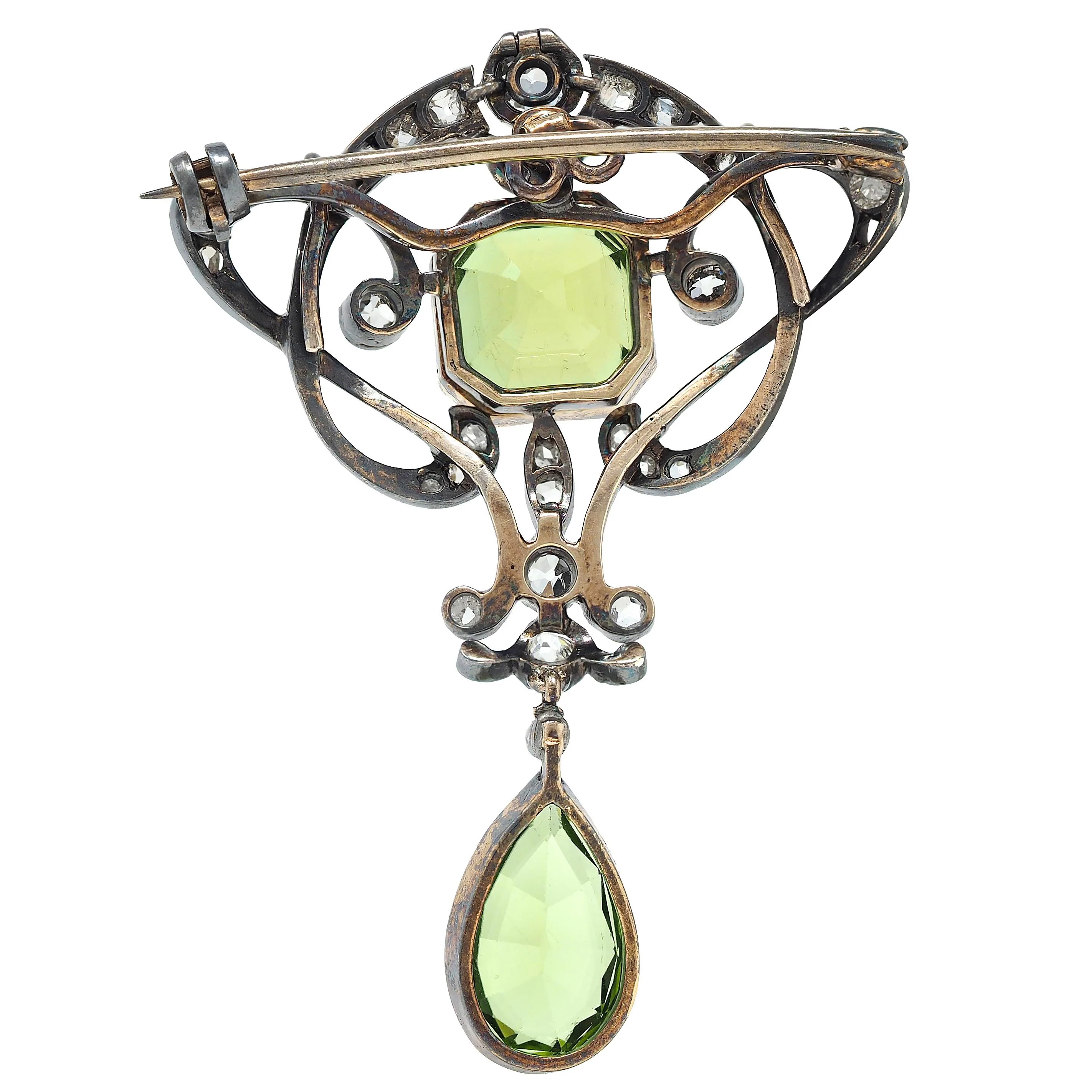 Art Nouveau Peridot Diamond 14 Karat Yellow Gold Silver Antique Whiplash Pendant Brooch - Image 4