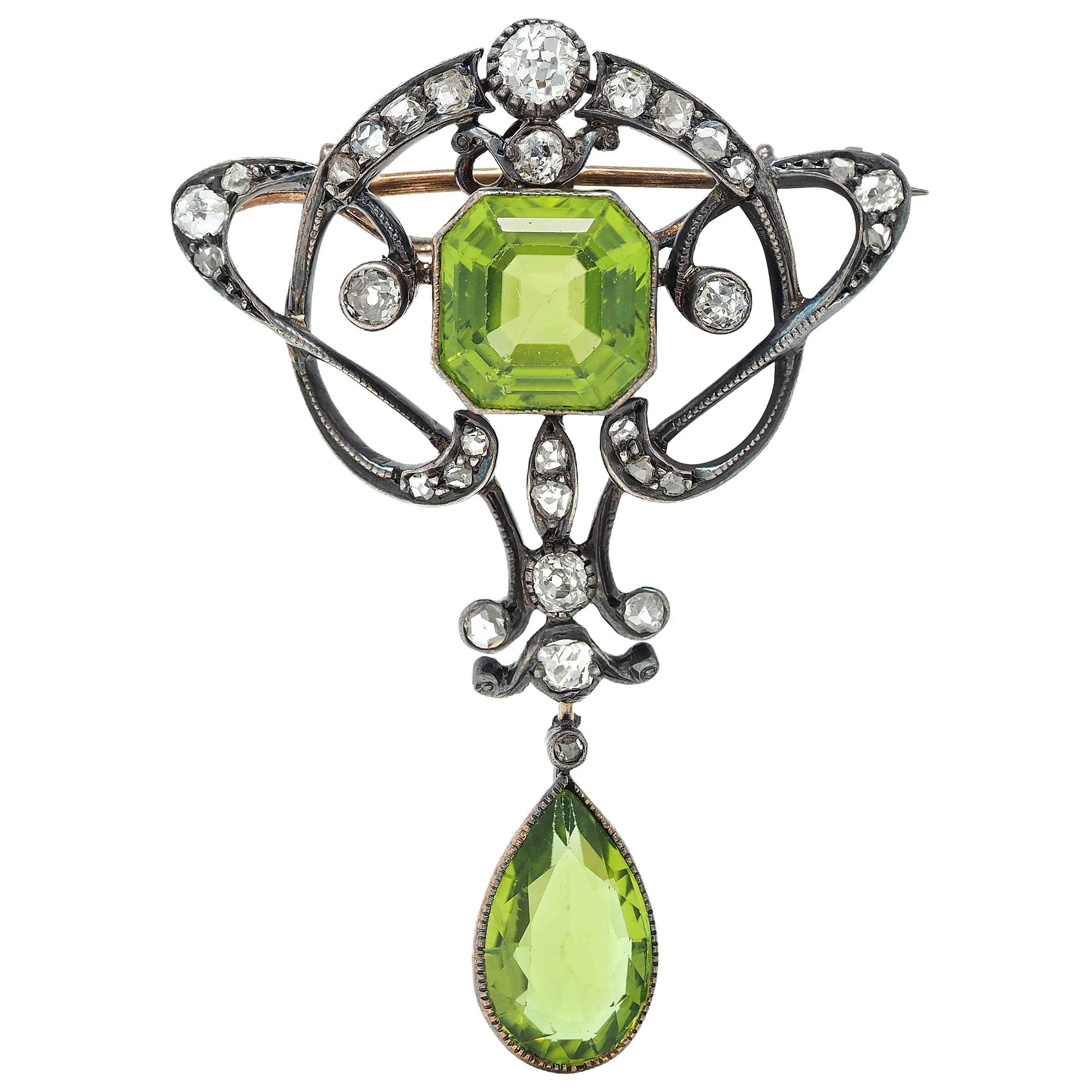 Art Nouveau Peridot Diamond 14 Karat Yellow Gold Silver Antique Whiplash Pendant Brooch - Image 7