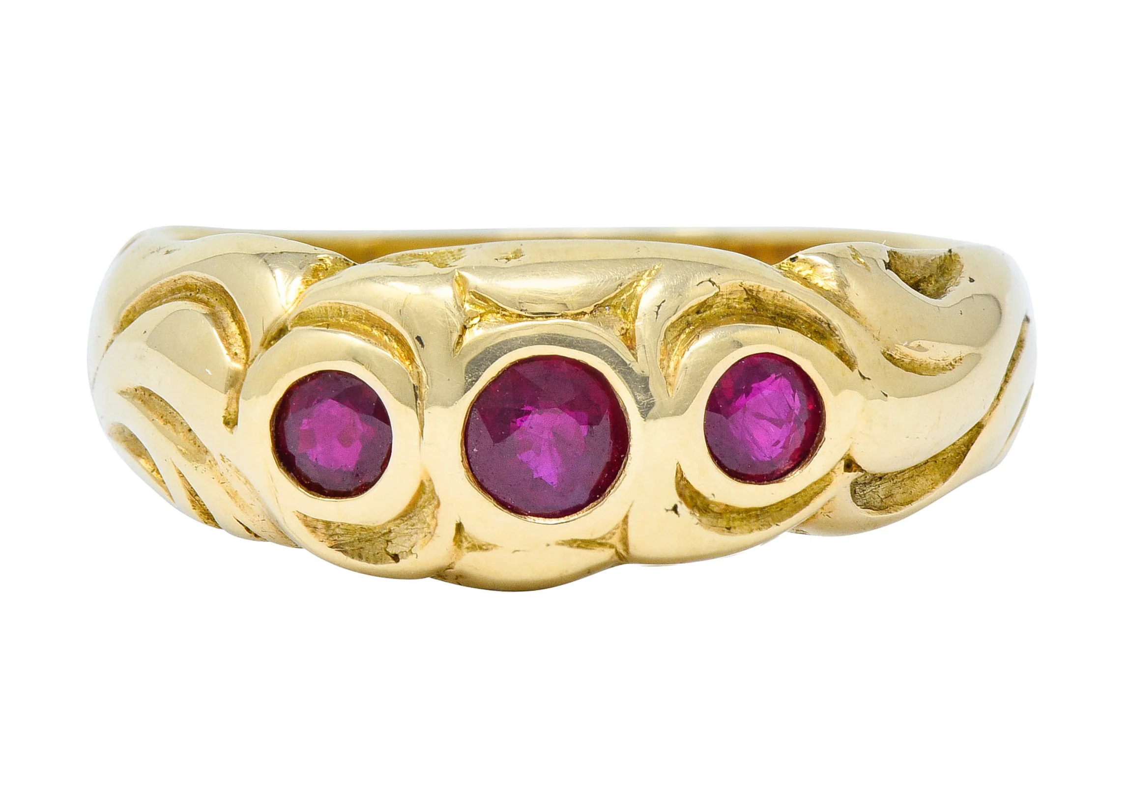 Art Nouveau Ruby 14 Karat Gold Three Stone Band Ring