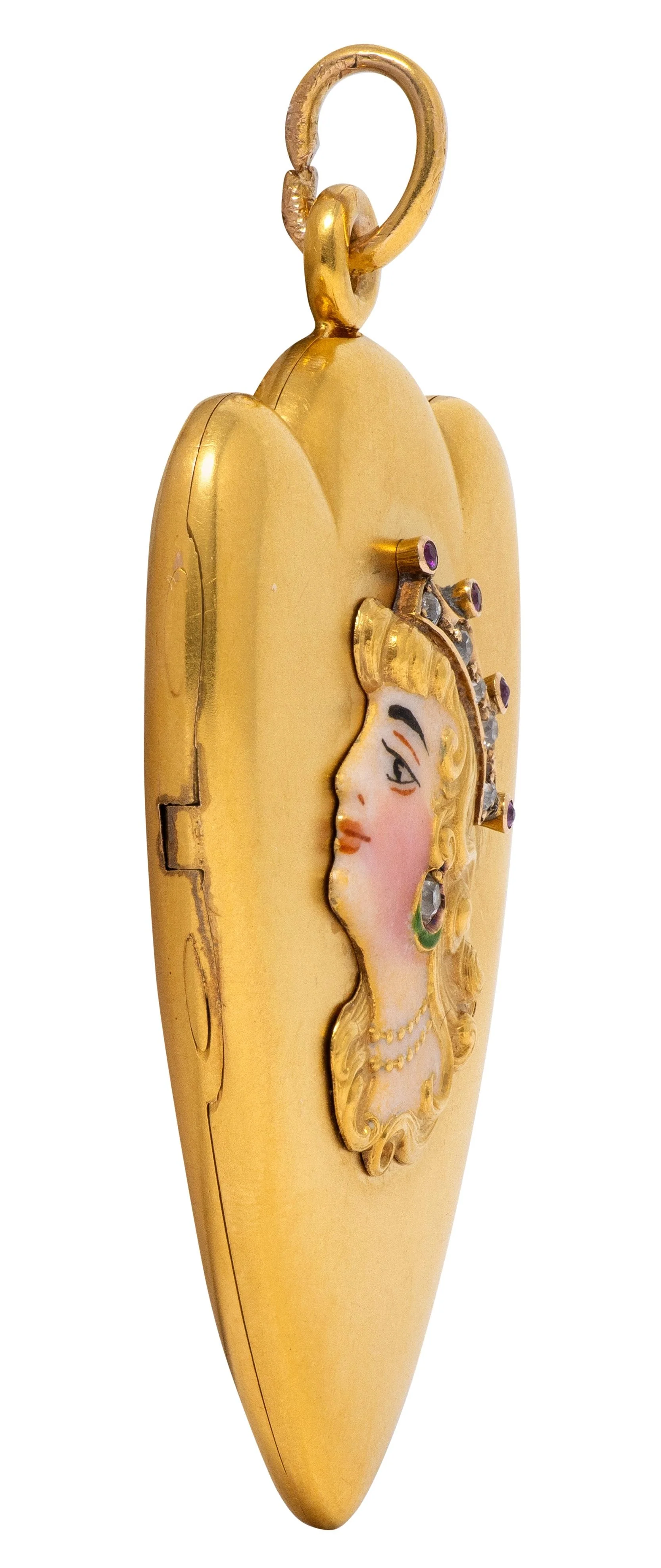 Art Nouveau Ruby Diamond Enamel 14 Karat Yellow Gold Antique Princess Locket Pendant - Image 3