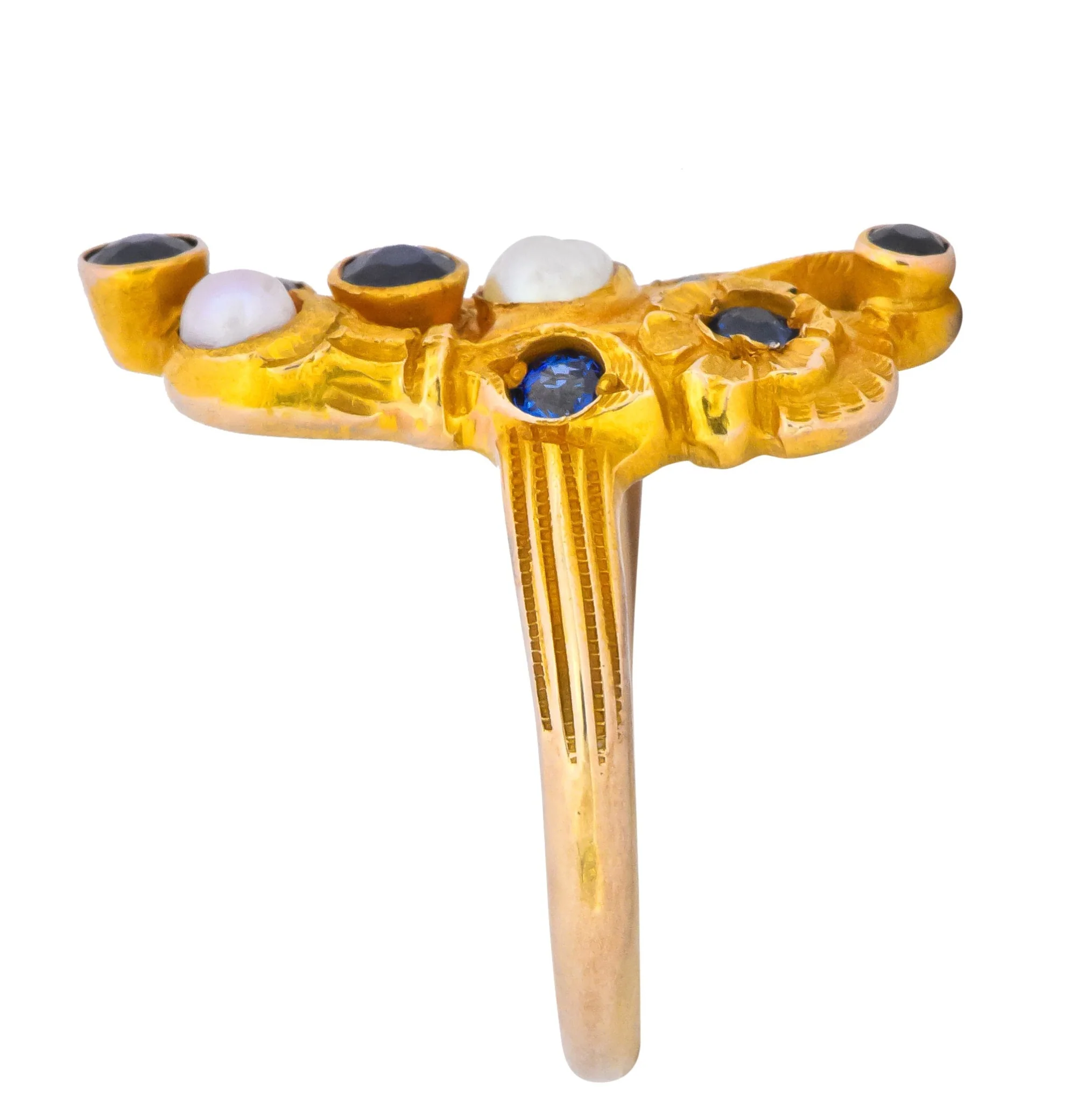 Art Nouveau Sapphire Pearl 14 Karat Gold Flower Dinner Ring - Image 2