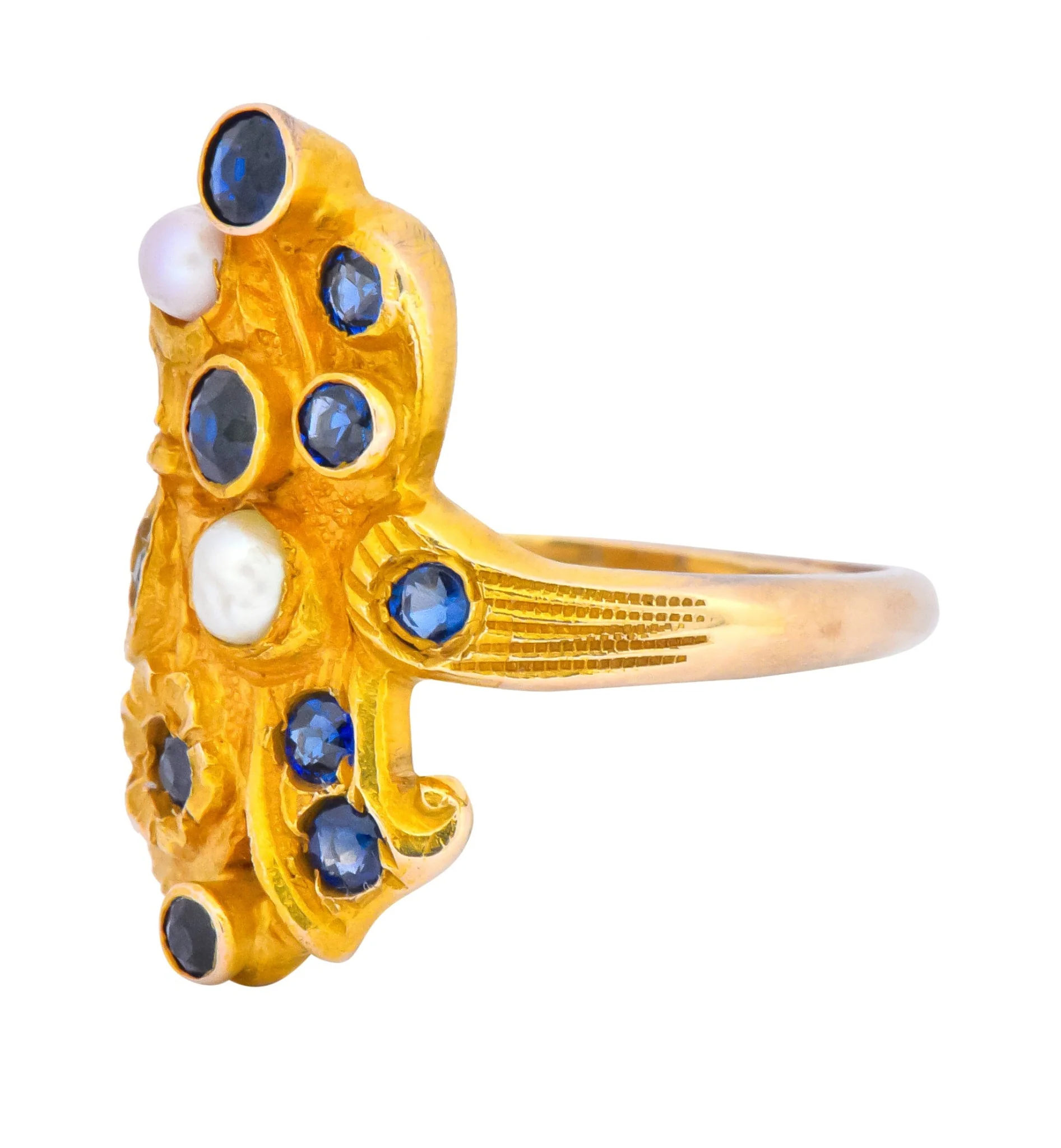 Art Nouveau Sapphire Pearl 14 Karat Gold Flower Dinner Ring - Image 5