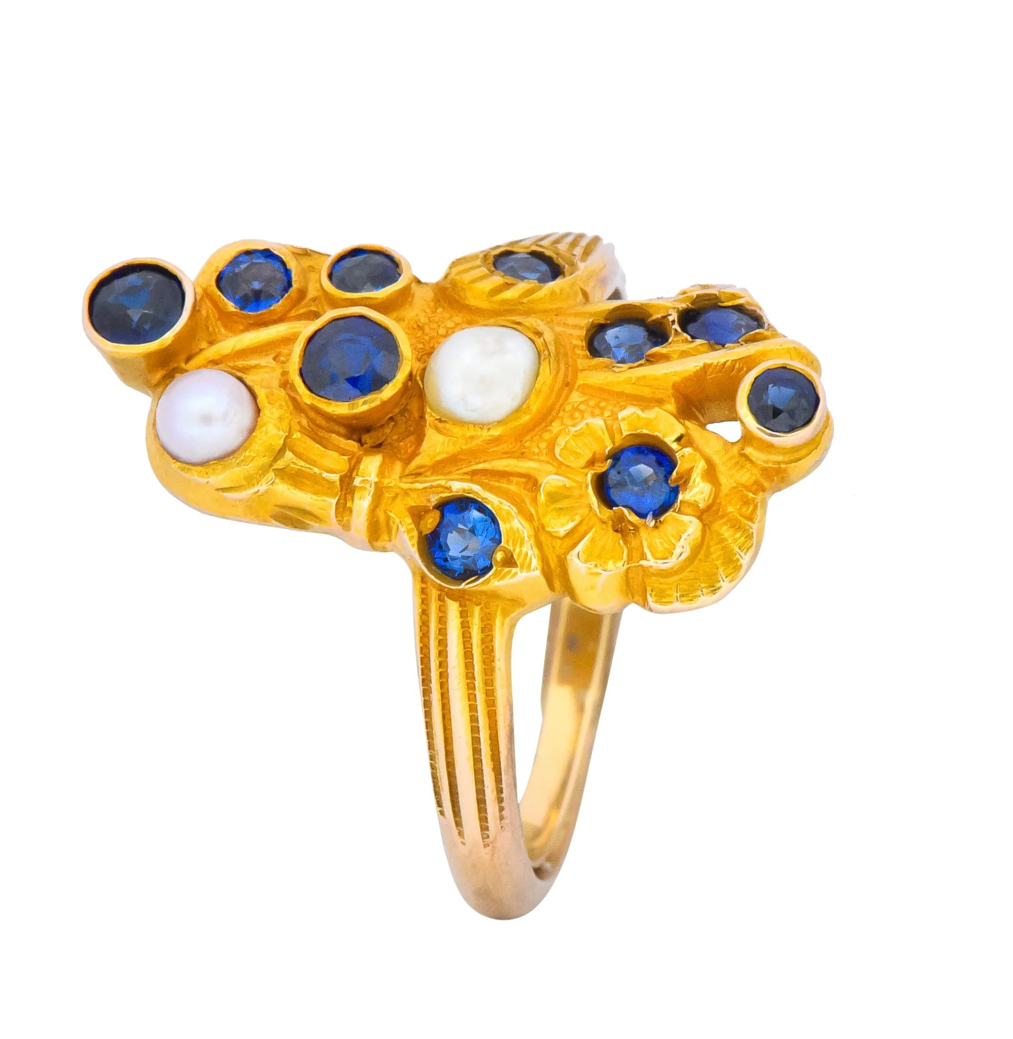 Art Nouveau Sapphire Pearl 14 Karat Gold Flower Dinner Ring - Image 8