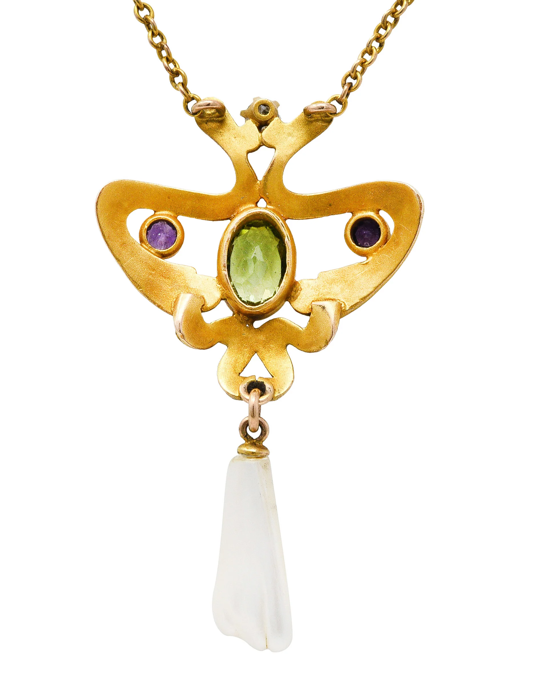 Art Nouveau Suffragette Diamond Amethyst Peridot Pearl 14 Karat Gold Whiplash Necklace - Image 7