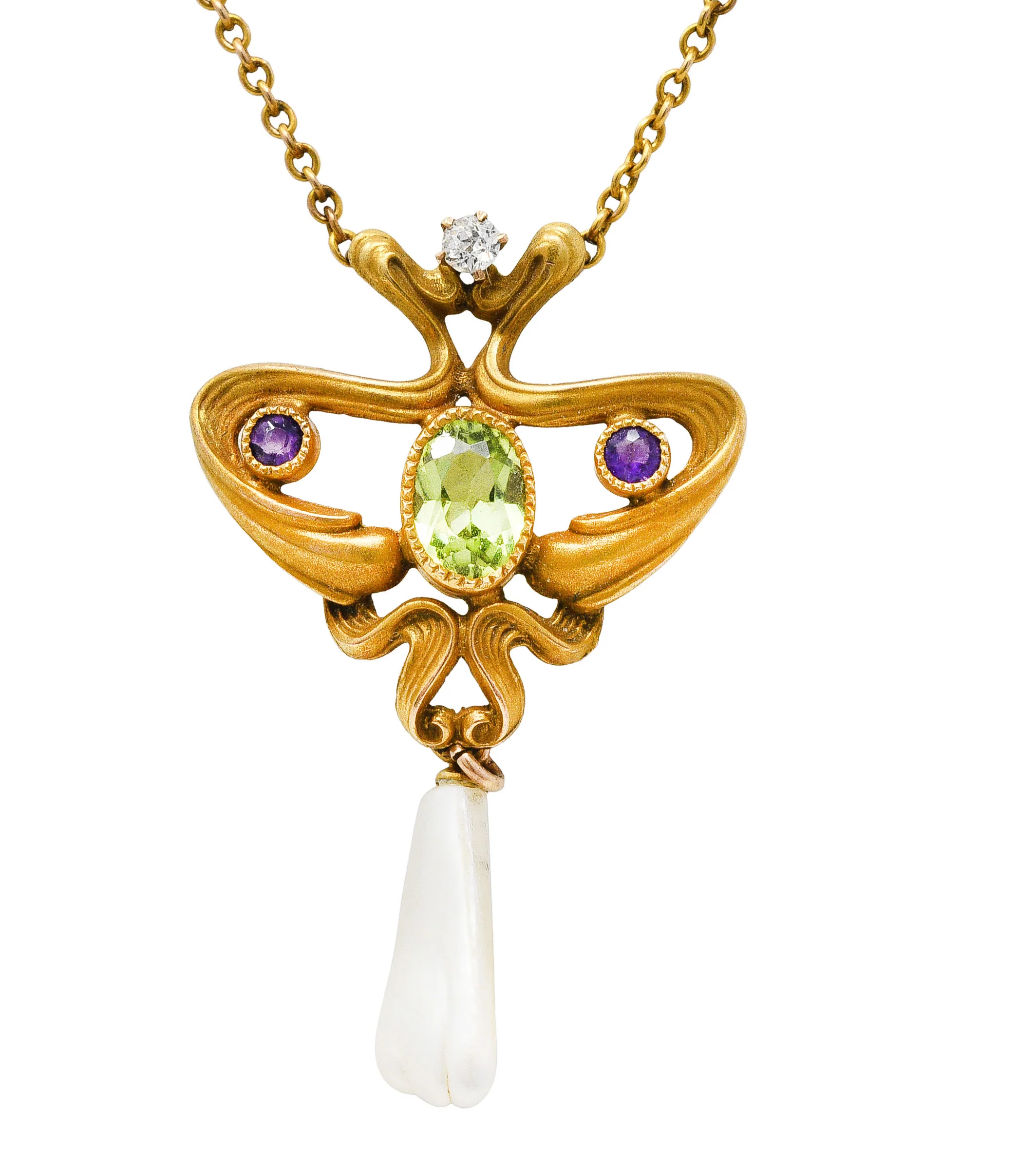 Art Nouveau Suffragette Diamond Amethyst Peridot Pearl 14 Karat Gold Whiplash Necklace - Image 8