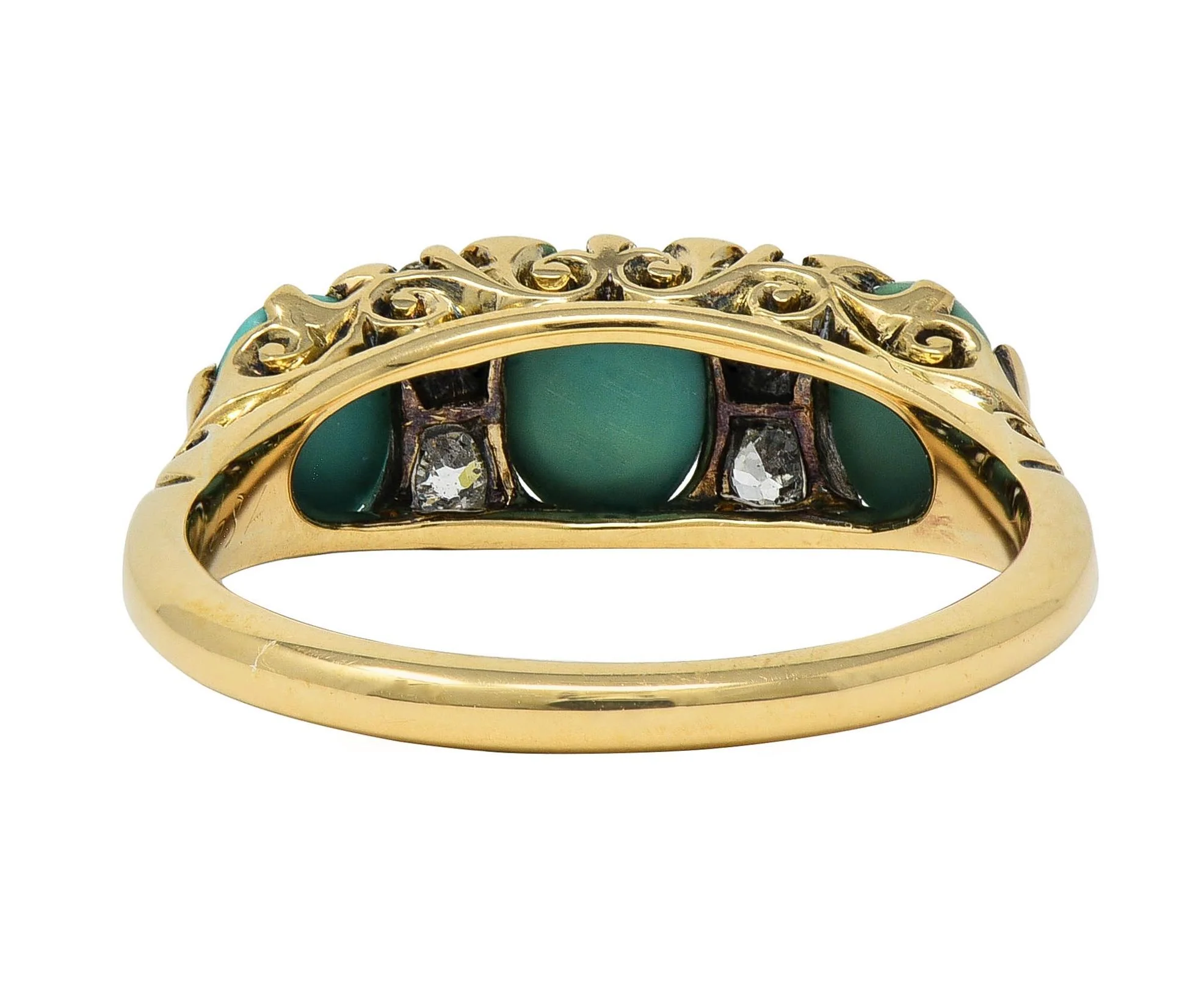 Art Nouveau Turquoise Diamond Platinum 18 Karat Yellow Gold Antique Scrolling Three Stone Band Ring - Image 3