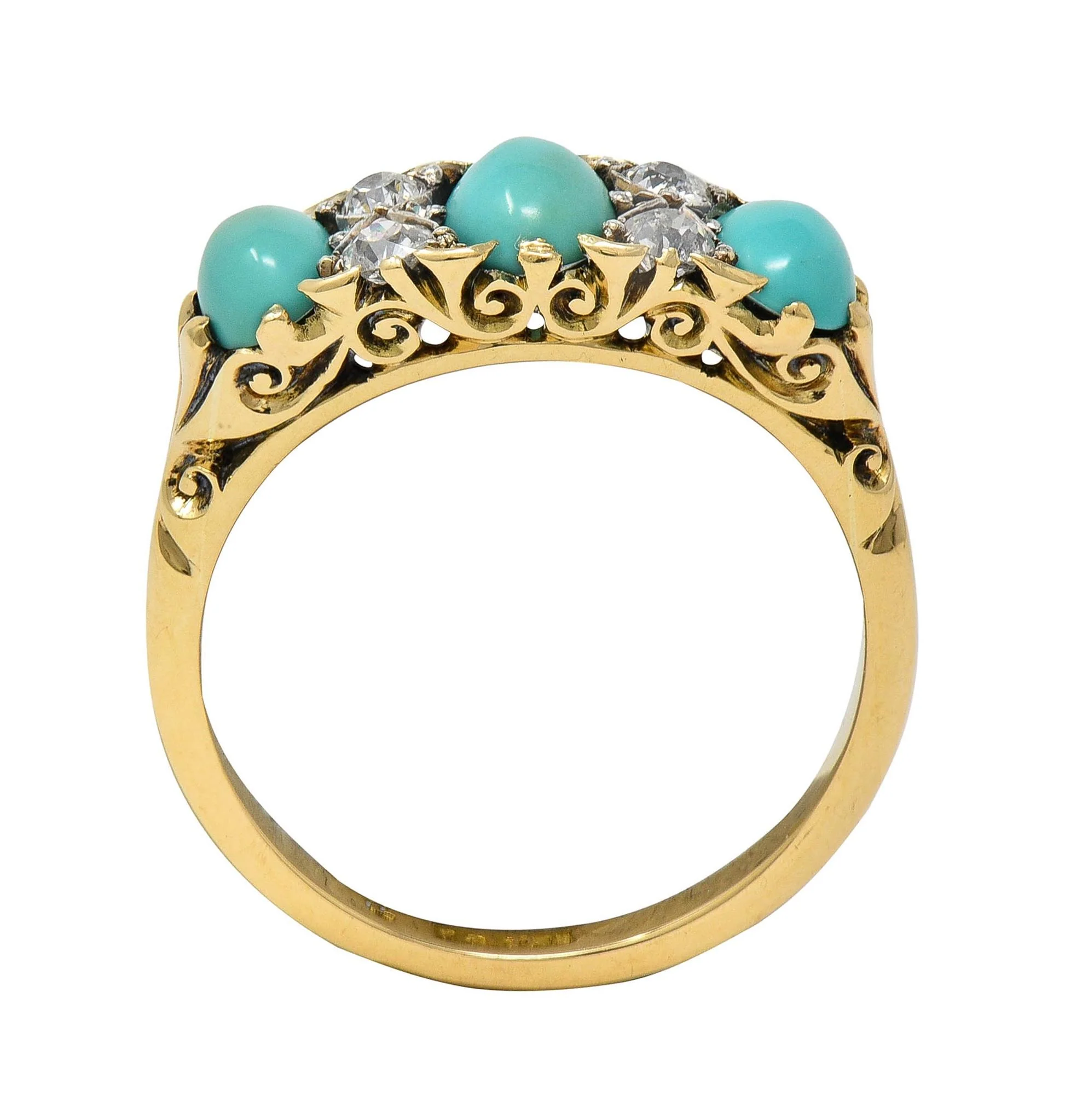 Art Nouveau Turquoise Diamond Platinum 18 Karat Yellow Gold Antique Scrolling Three Stone Band Ring - Image 4
