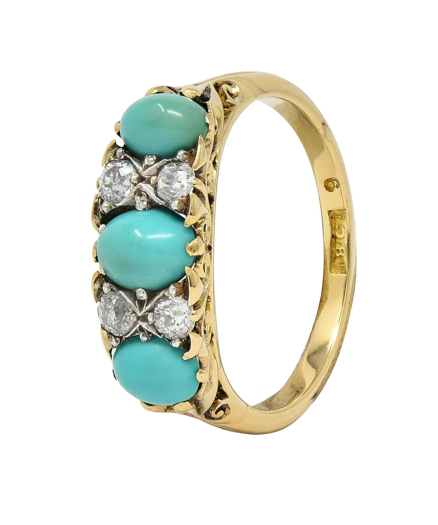 Art Nouveau Turquoise Diamond Platinum 18 Karat Yellow Gold Antique Scrolling Three Stone Band Ring - Image 7