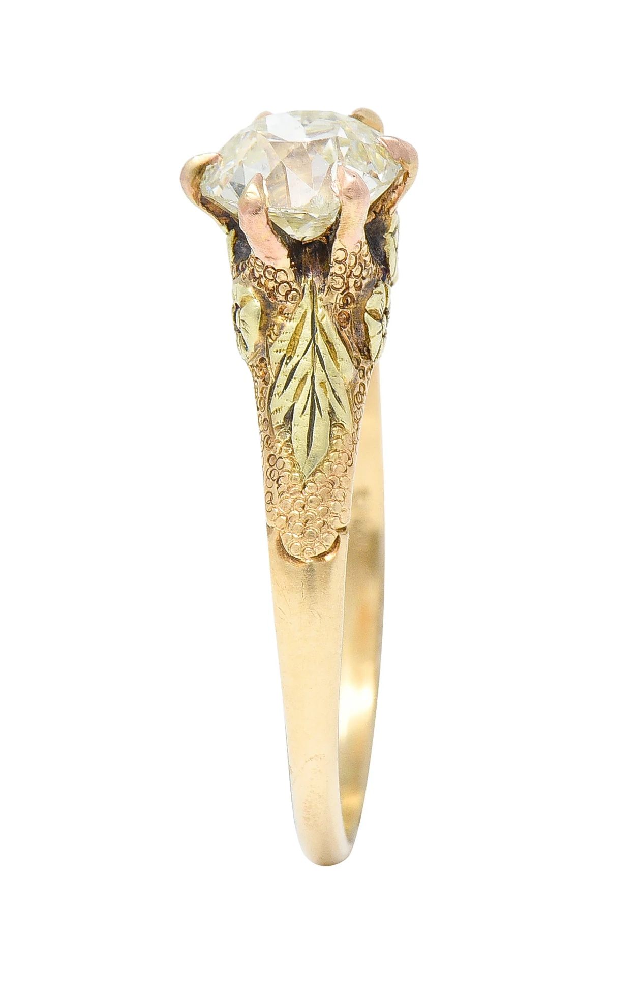 Arts & Crafts 0.90 CTW Old European Cut Diamond 14 Karat Tri-Gold Floral Antique Engagement Ring - Image 13
