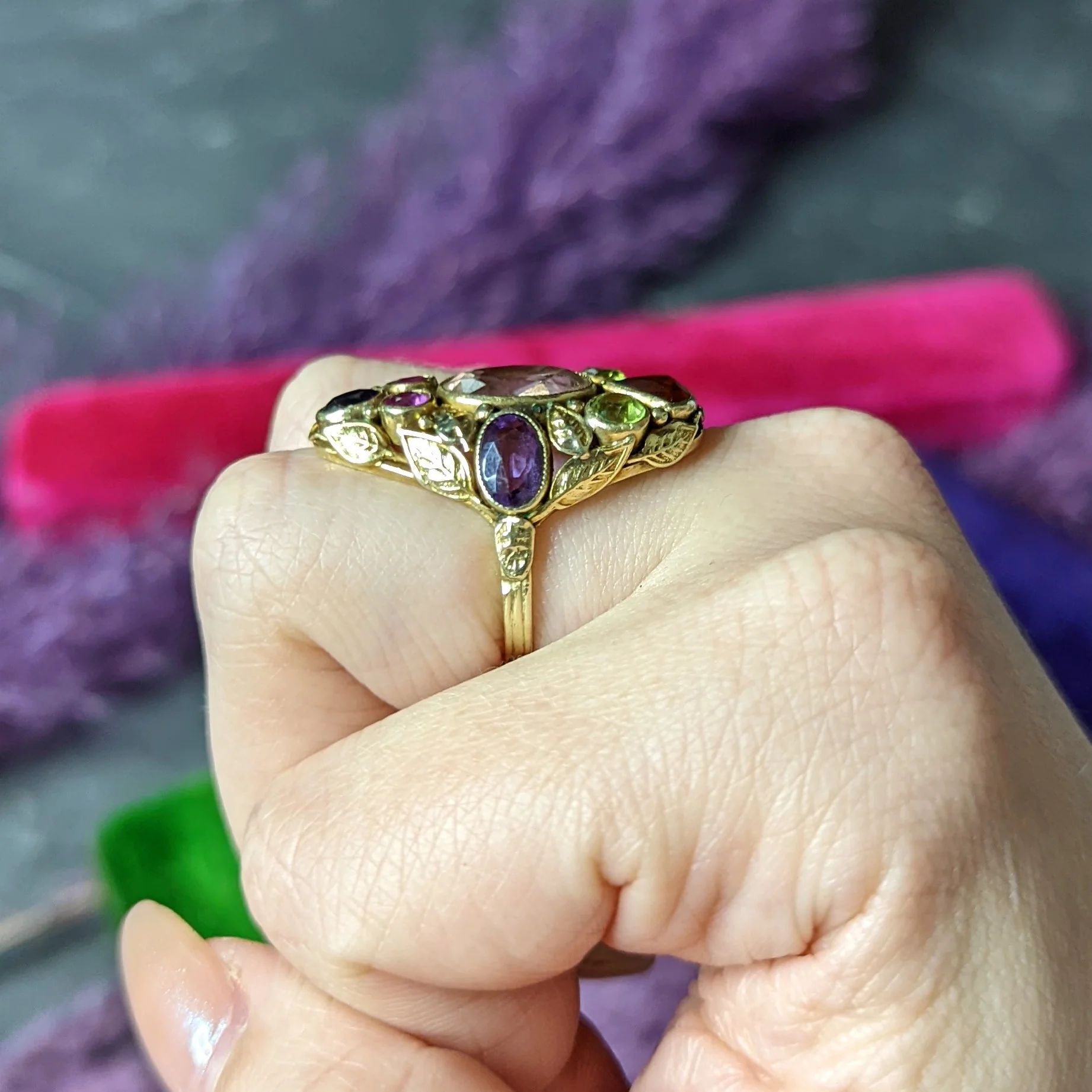 Arts & Crafts Antique Topaz Sapphire Peridot Ruby Multi-Gem 14 Karat Gold Floral Ring - Image 10