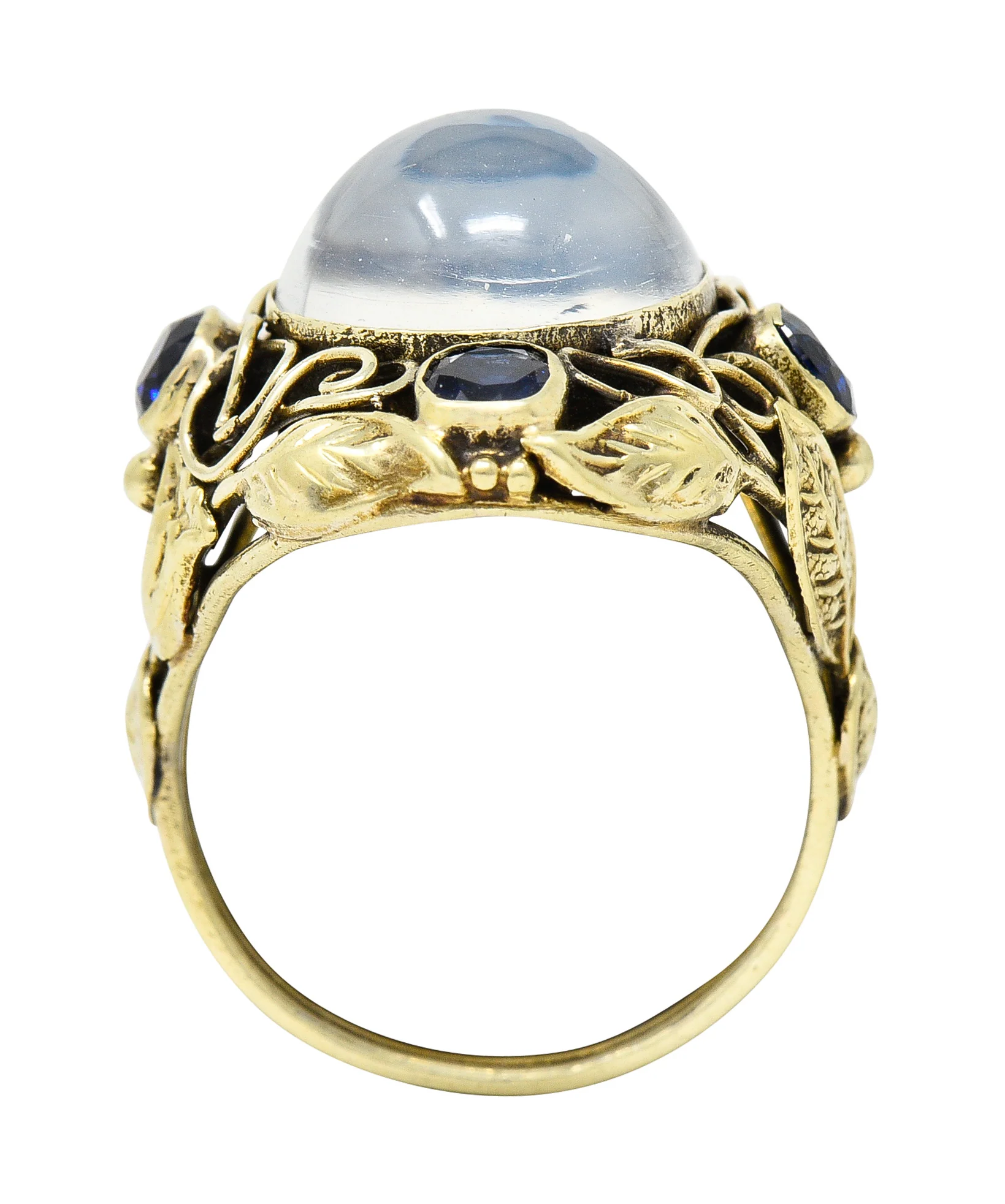 Arts & Crafts Moonstone 1.00 CTW Sapphire 14 Karat Green Gold Floral Ring - Image 8