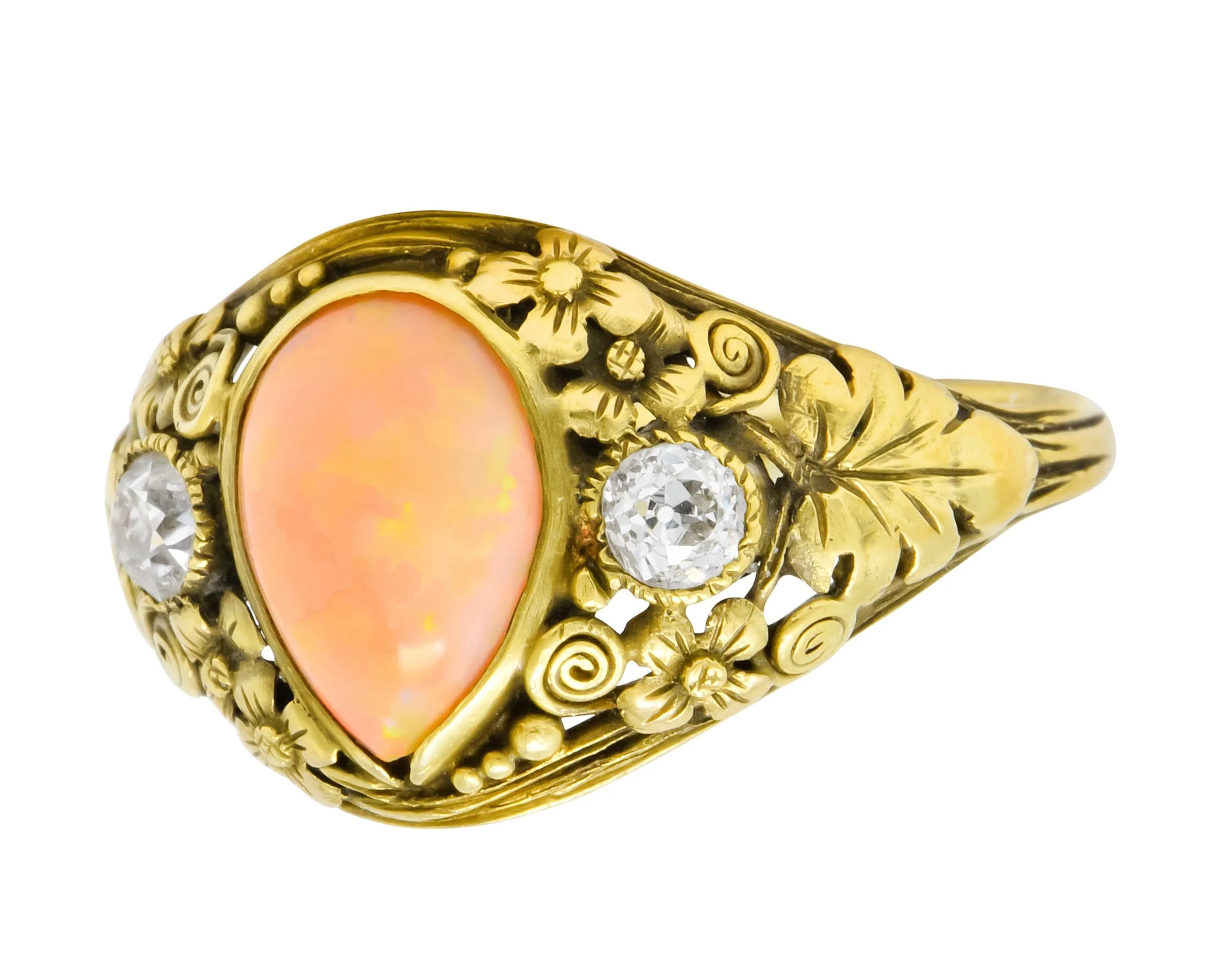 Arts & Crafts Opal Diamond 18 Karat Gold Floral Band Ring Circa 1900 - Image 2