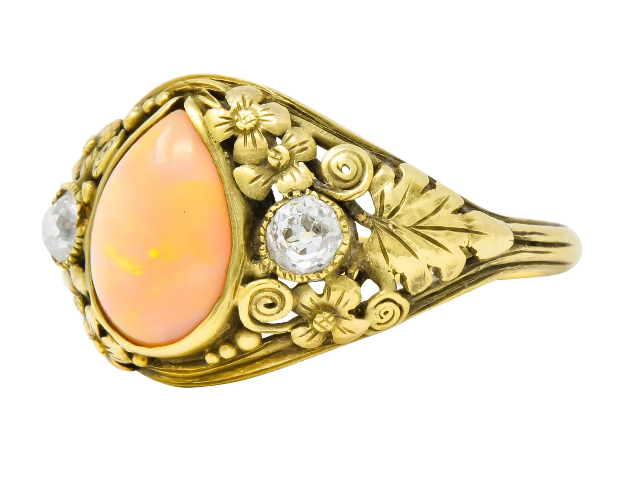Arts & Crafts Opal Diamond 18 Karat Gold Floral Band Ring Circa 1900 - Image 6