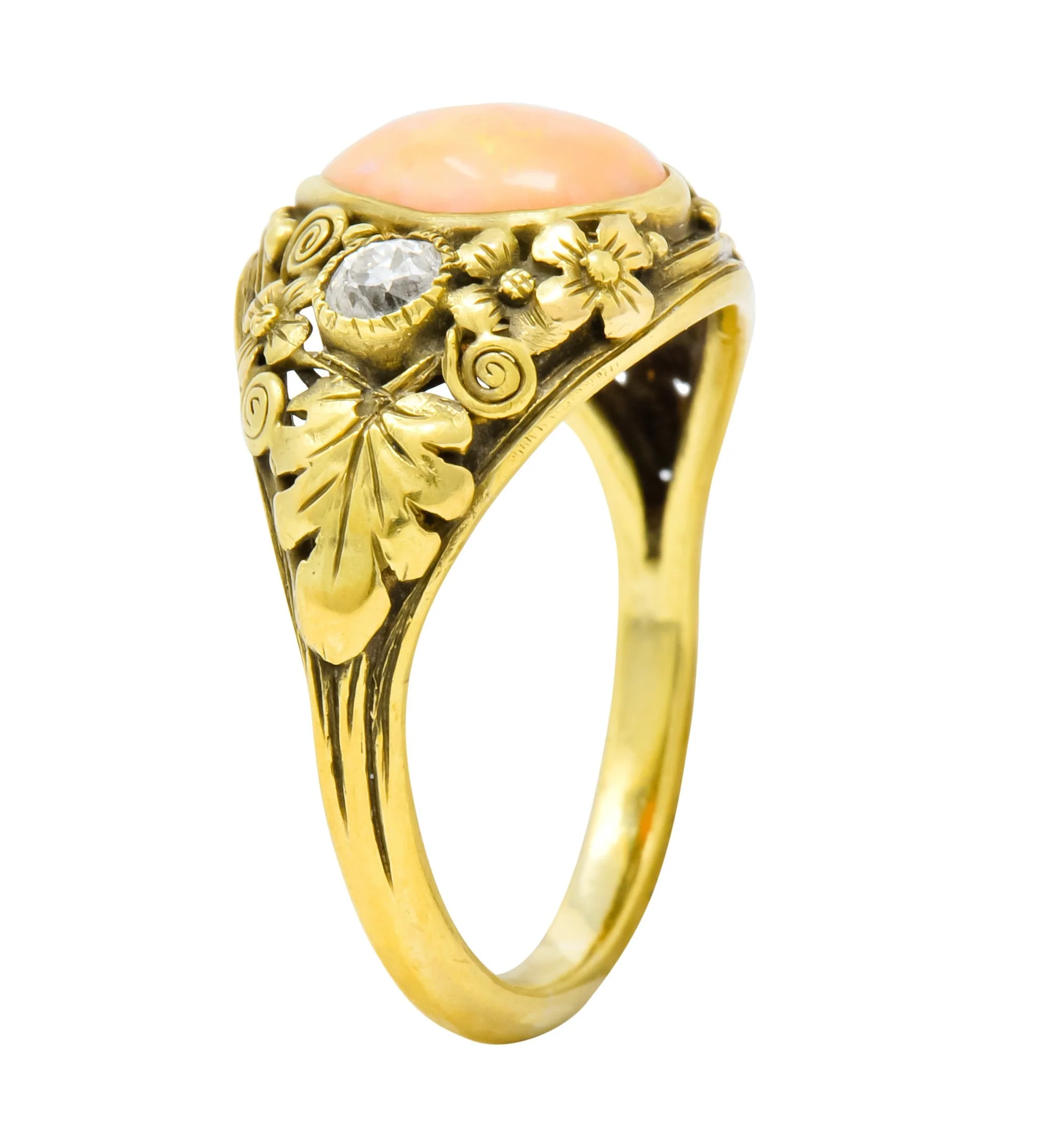 Arts & Crafts Opal Diamond 18 Karat Gold Floral Band Ring Circa 1900 - Image 8