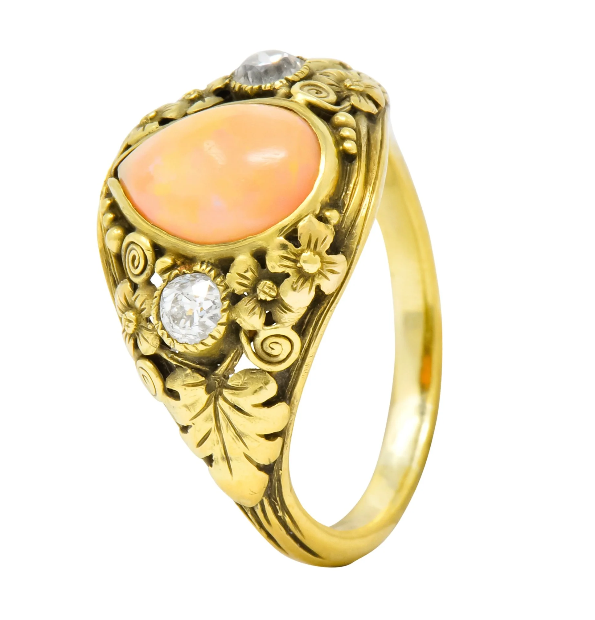Arts & Crafts Opal Diamond 18 Karat Gold Floral Band Ring Circa 1900 - Image 9