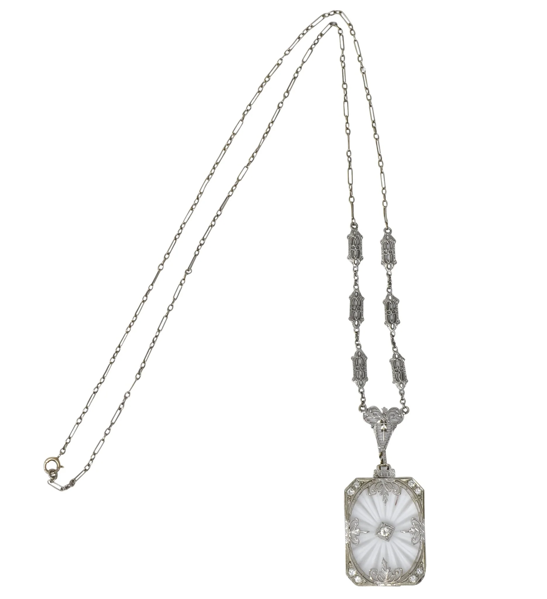 Balogh Art Deco Camphor Glass Diamond 14 Karat White Gold Necklace - Image 7